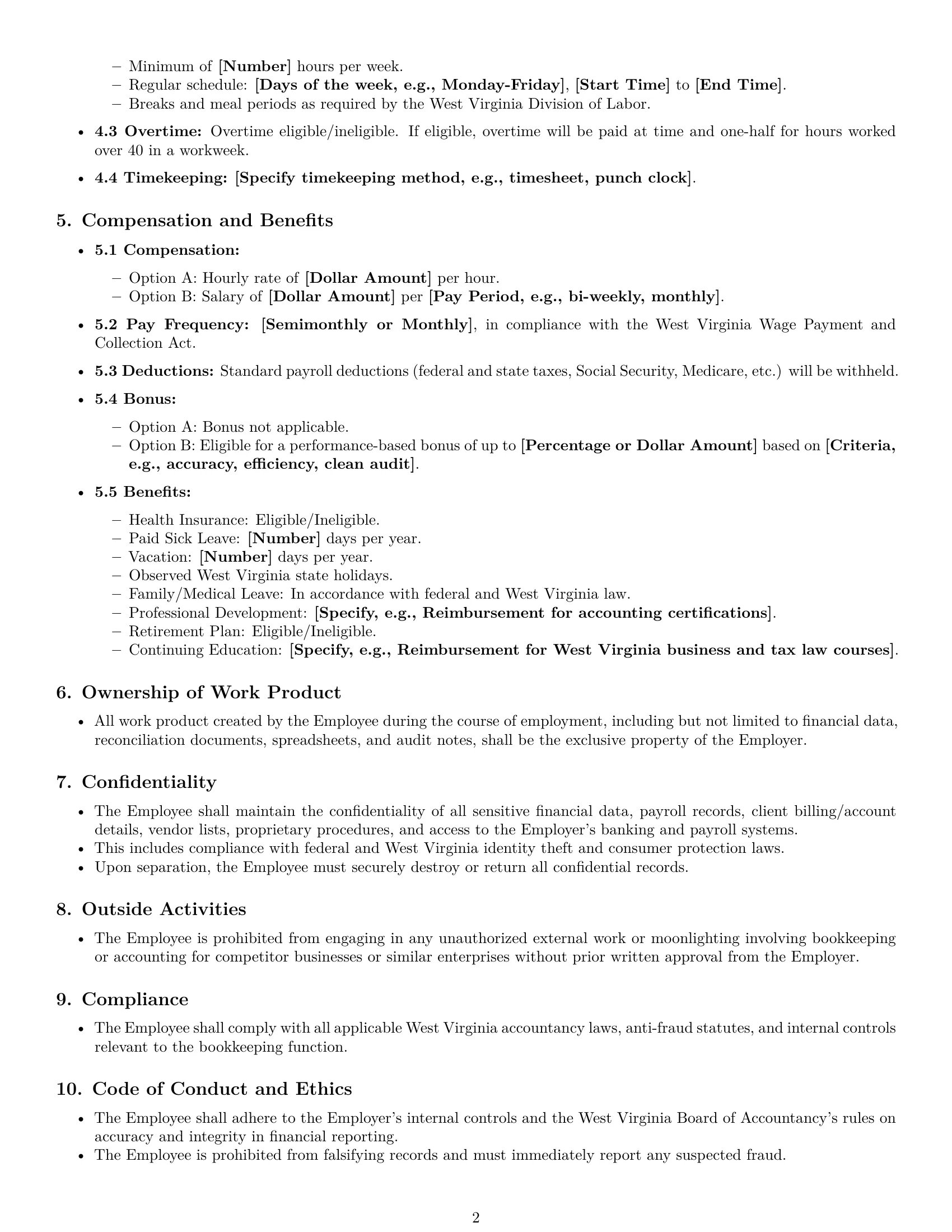 Preview page 2 of Free West Virginia bookkeeper employment contract template