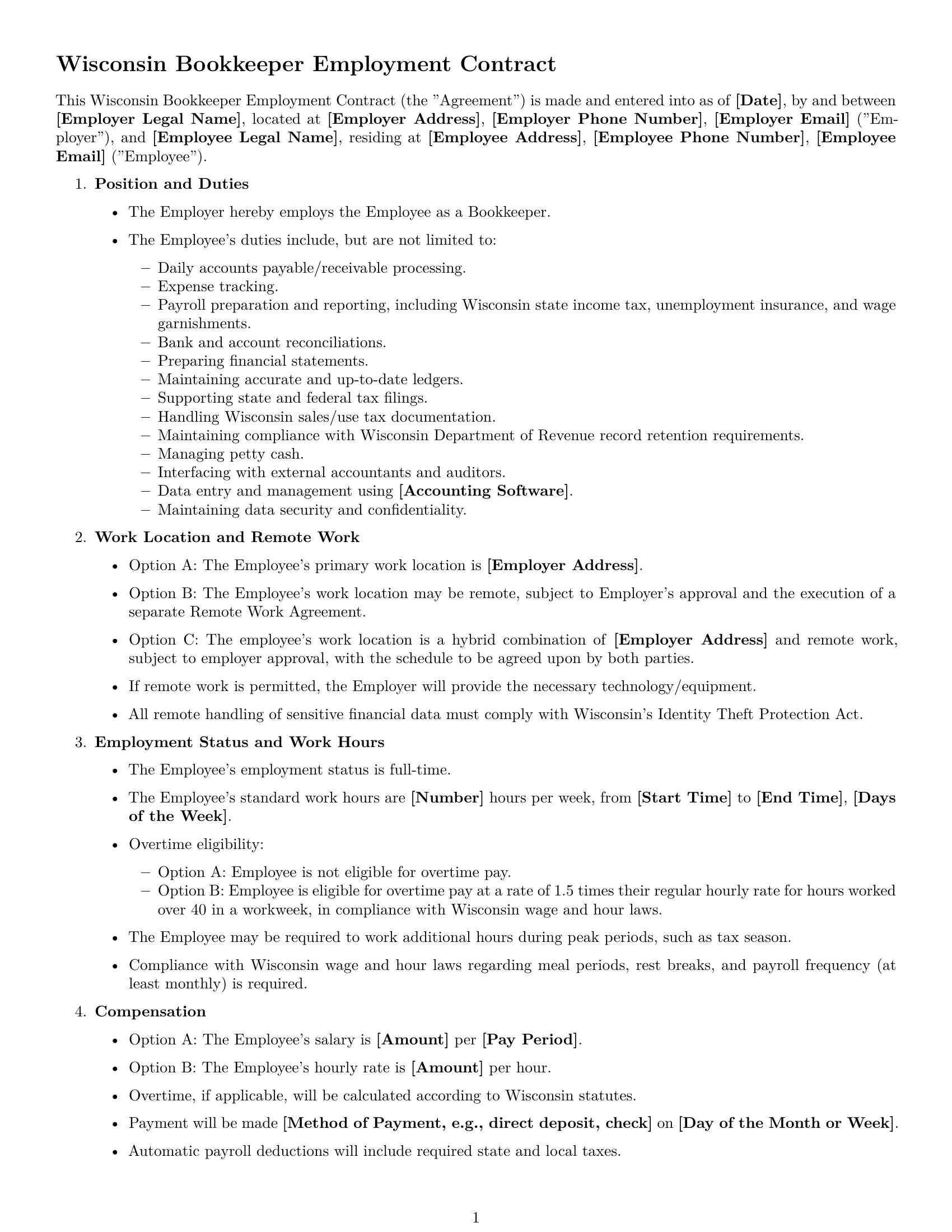 Preview page 1 of Free Wisconsin bookkeeper employment contract template