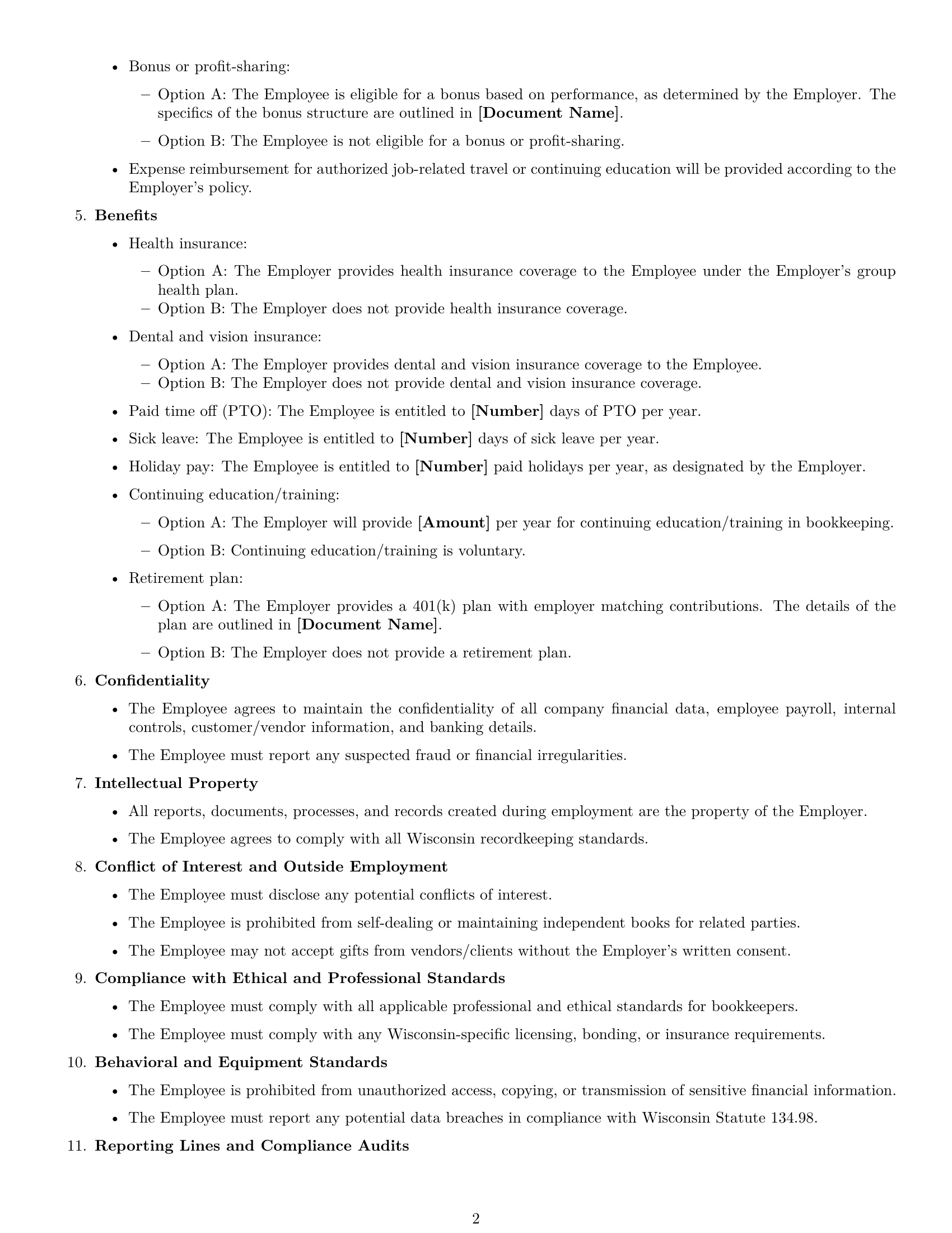 Preview page 2 of Free Wisconsin bookkeeper employment contract template