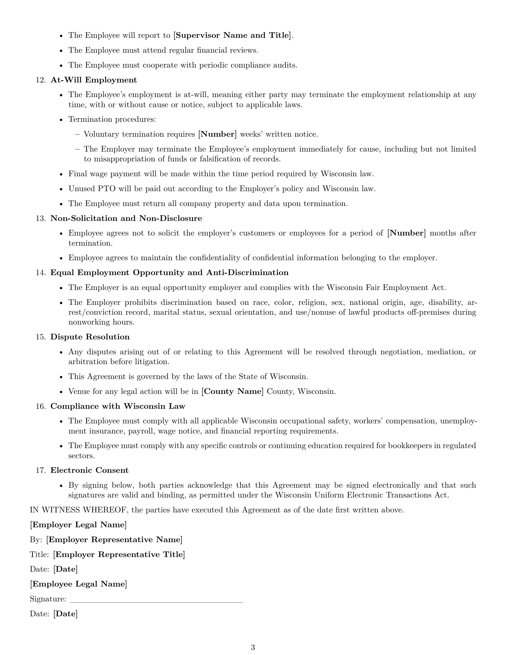 Preview page 3 of Free Wisconsin bookkeeper employment contract template