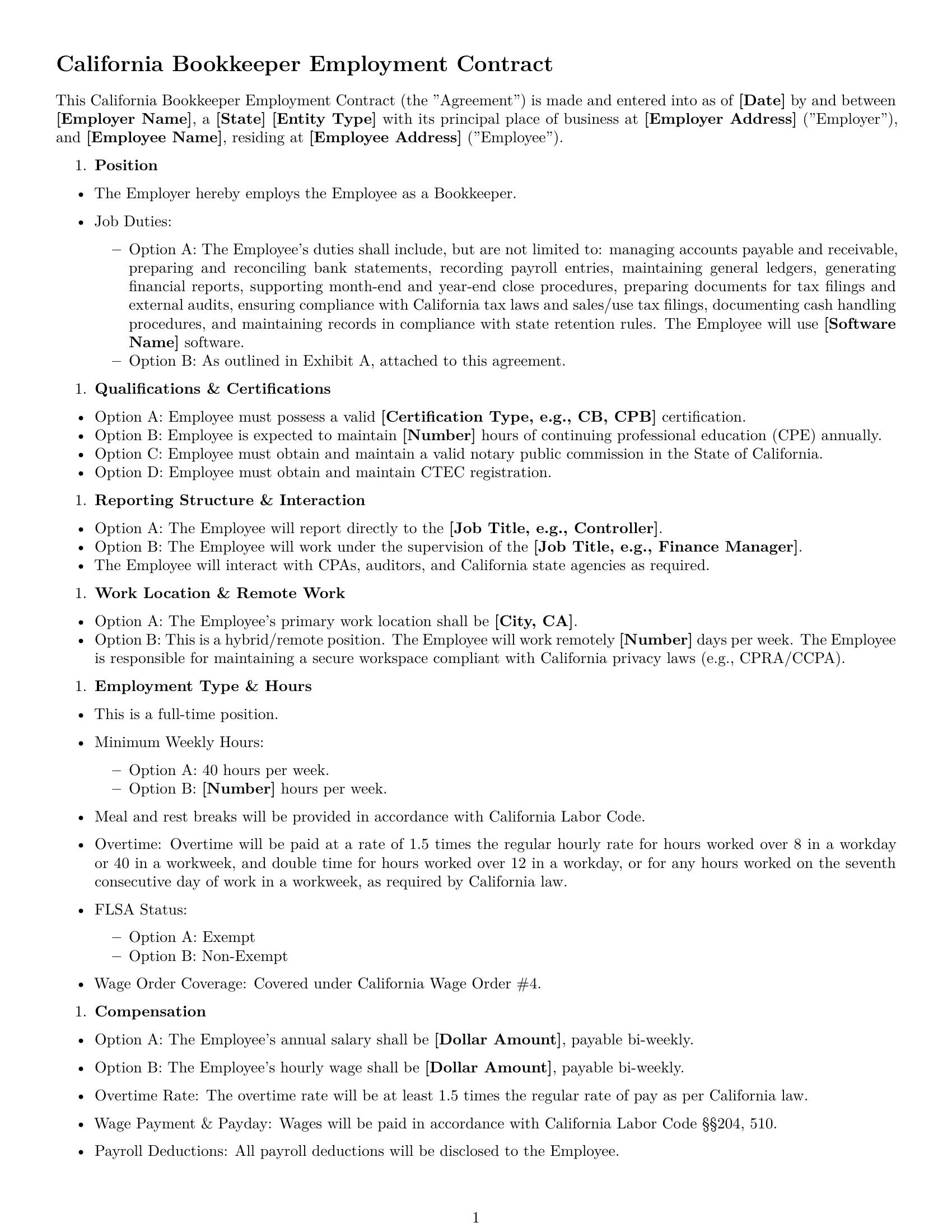 Preview page 1 of Free California bookkeeper employment contract template