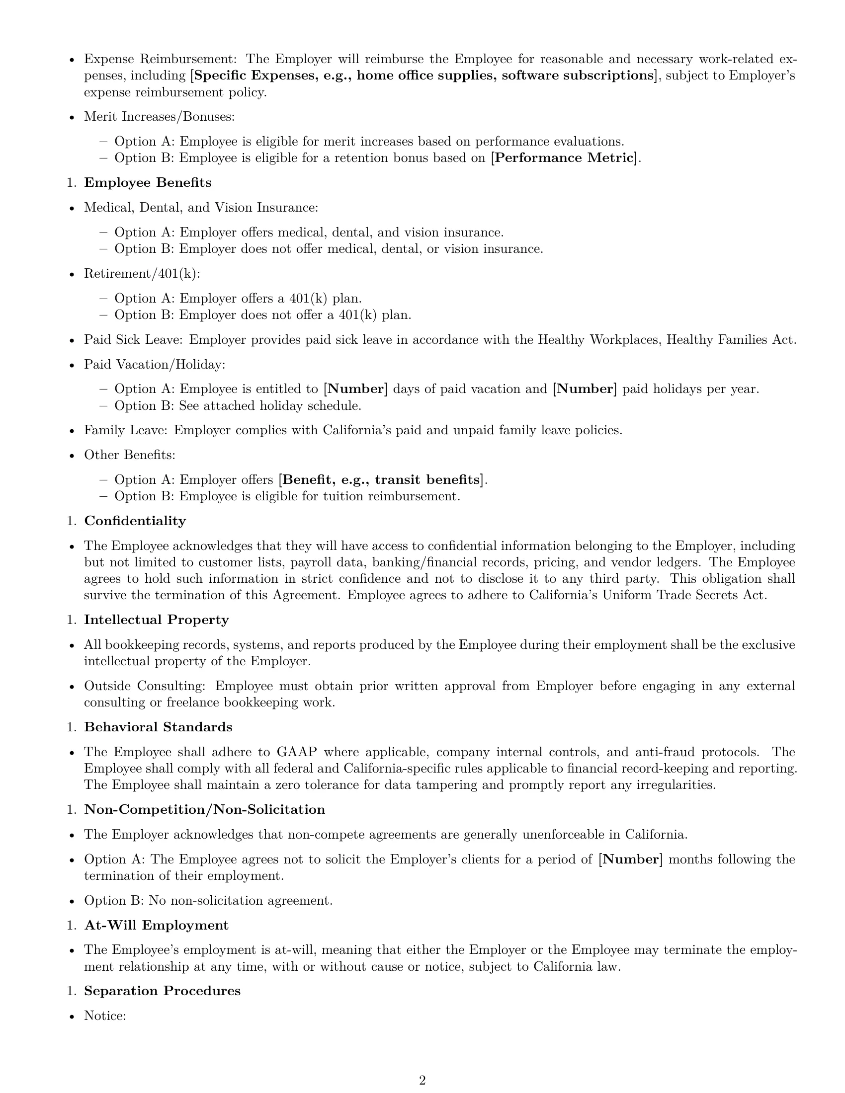 Preview page 2 of Free California bookkeeper employment contract template