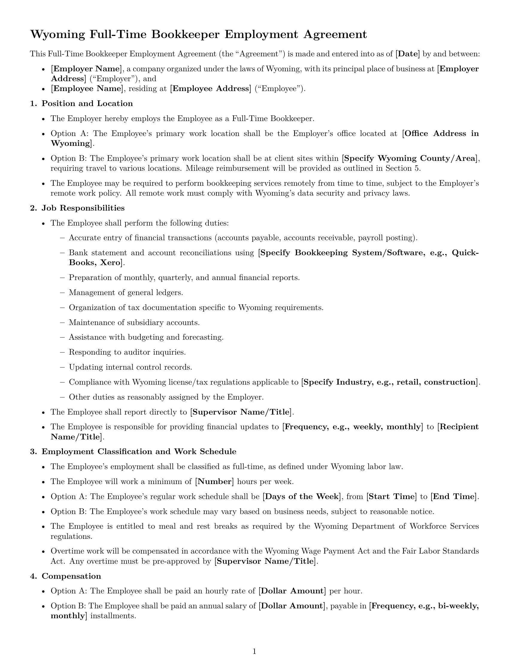 Preview page 1 of Free Wyoming bookkeeper employment contract template