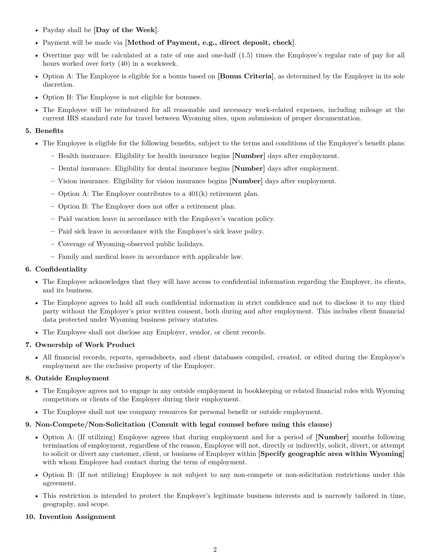 Preview page 2 of Free Wyoming bookkeeper employment contract template