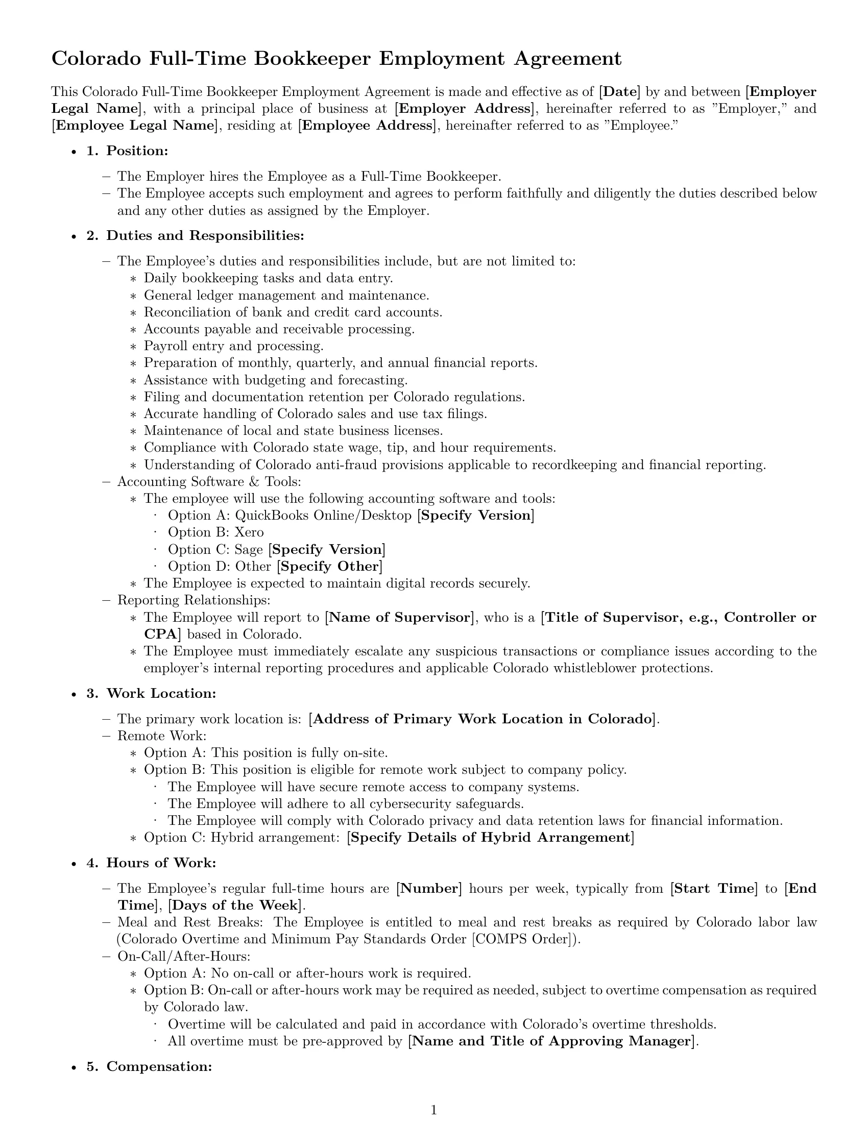 Preview page 1 of Free Colorado bookkeeper employment contract template