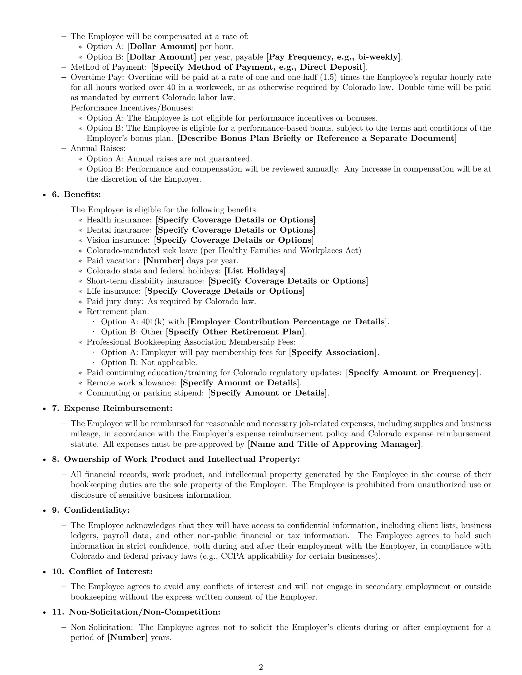 Preview page 2 of Free Colorado bookkeeper employment contract template
