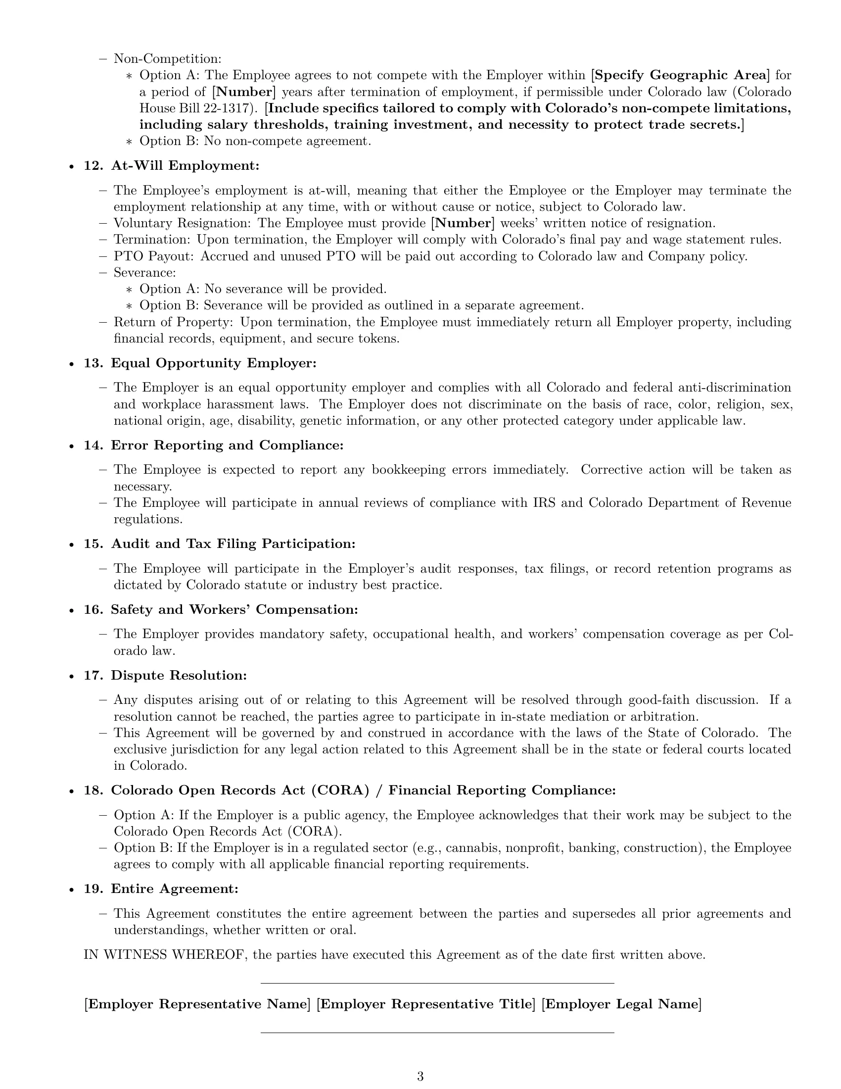 Preview page 3 of Free Colorado bookkeeper employment contract template