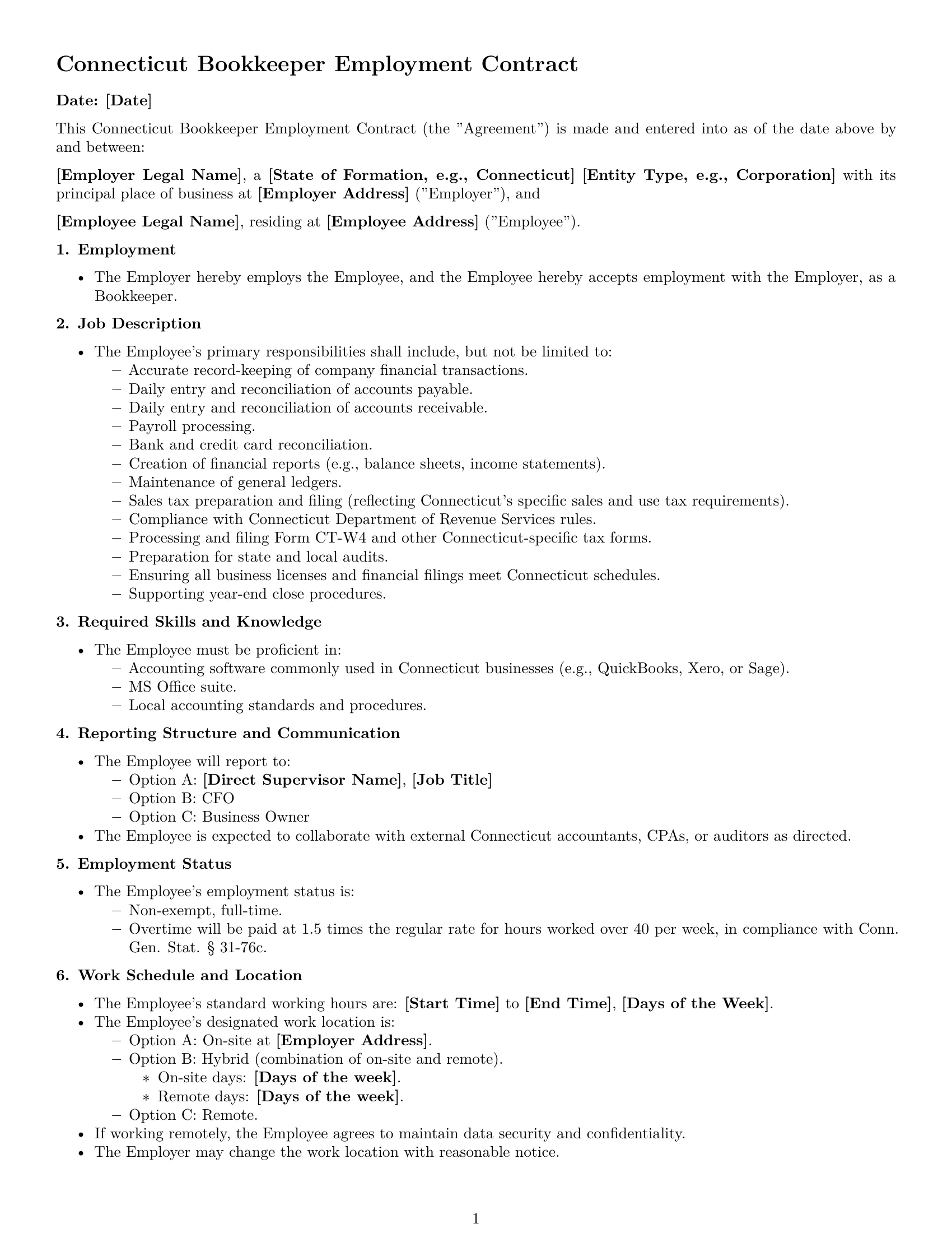 Preview page 1 of Free Connecticut bookkeeper employment contract template