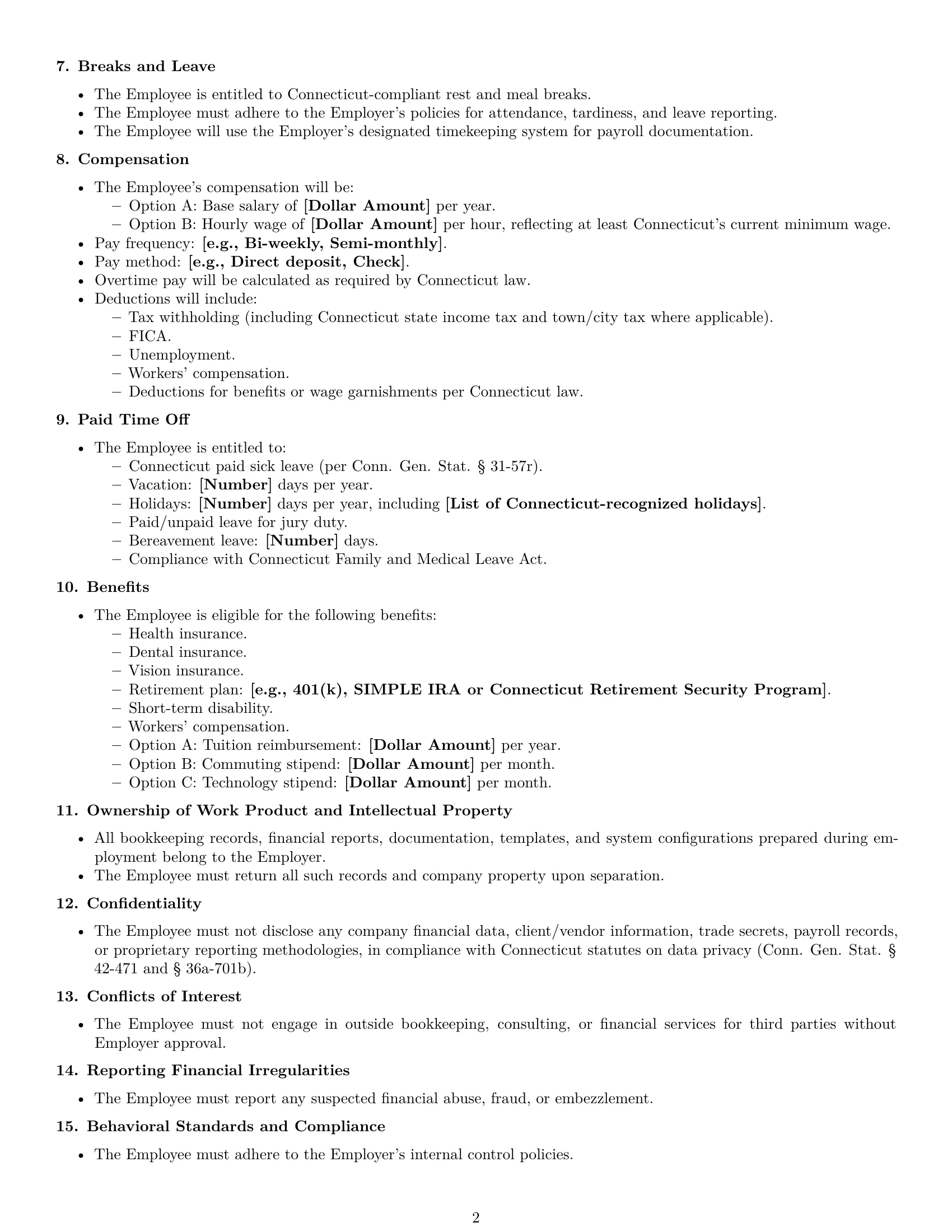Preview page 2 of Free Connecticut bookkeeper employment contract template
