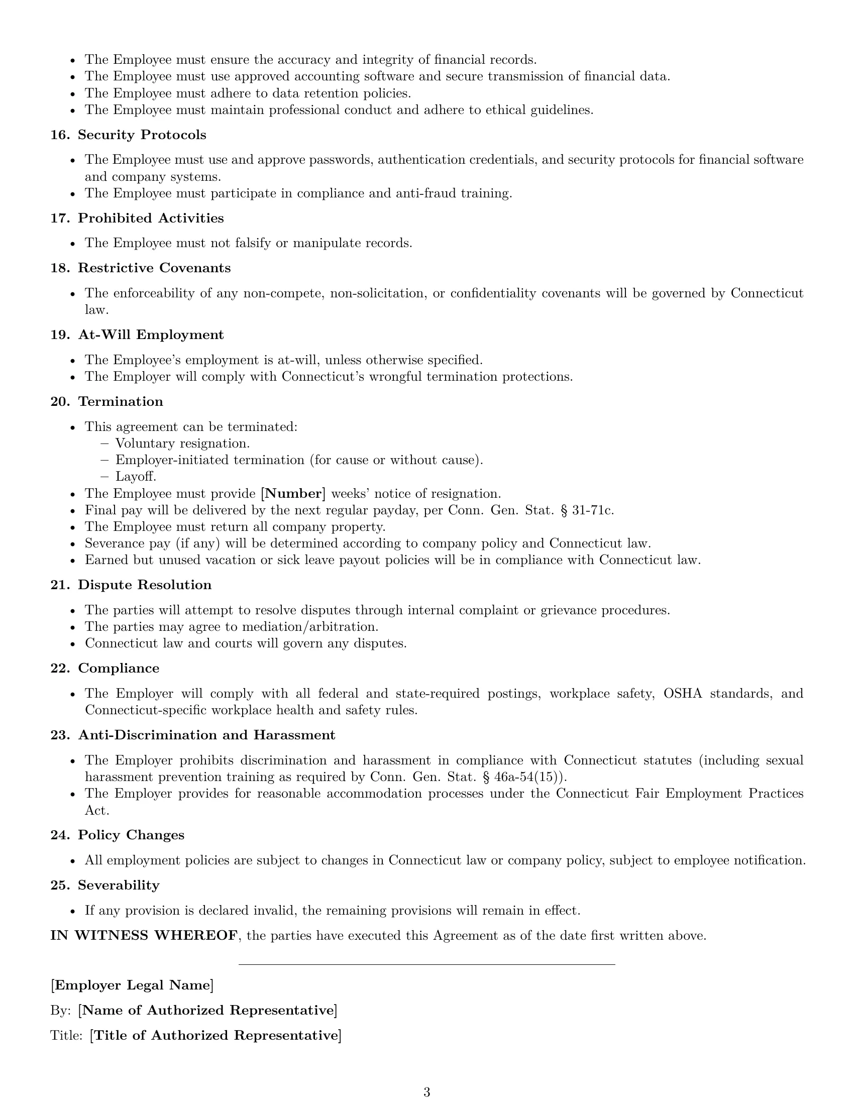 Preview page 3 of Free Connecticut bookkeeper employment contract template