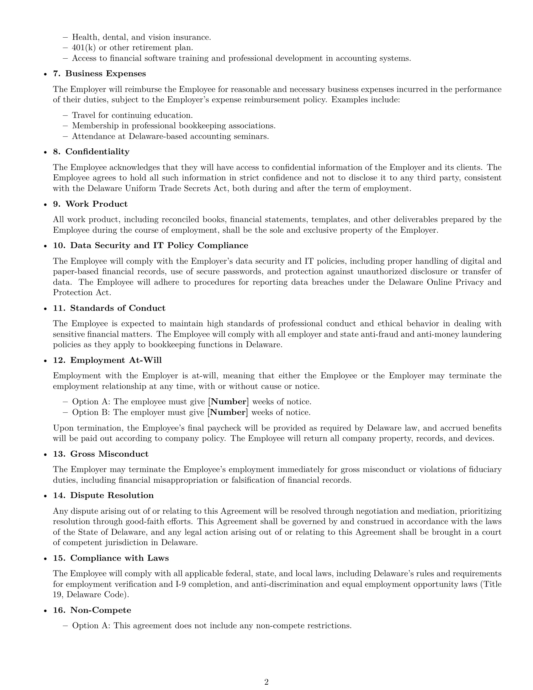 Preview page 2 of Free Delaware bookkeeper employment contract template