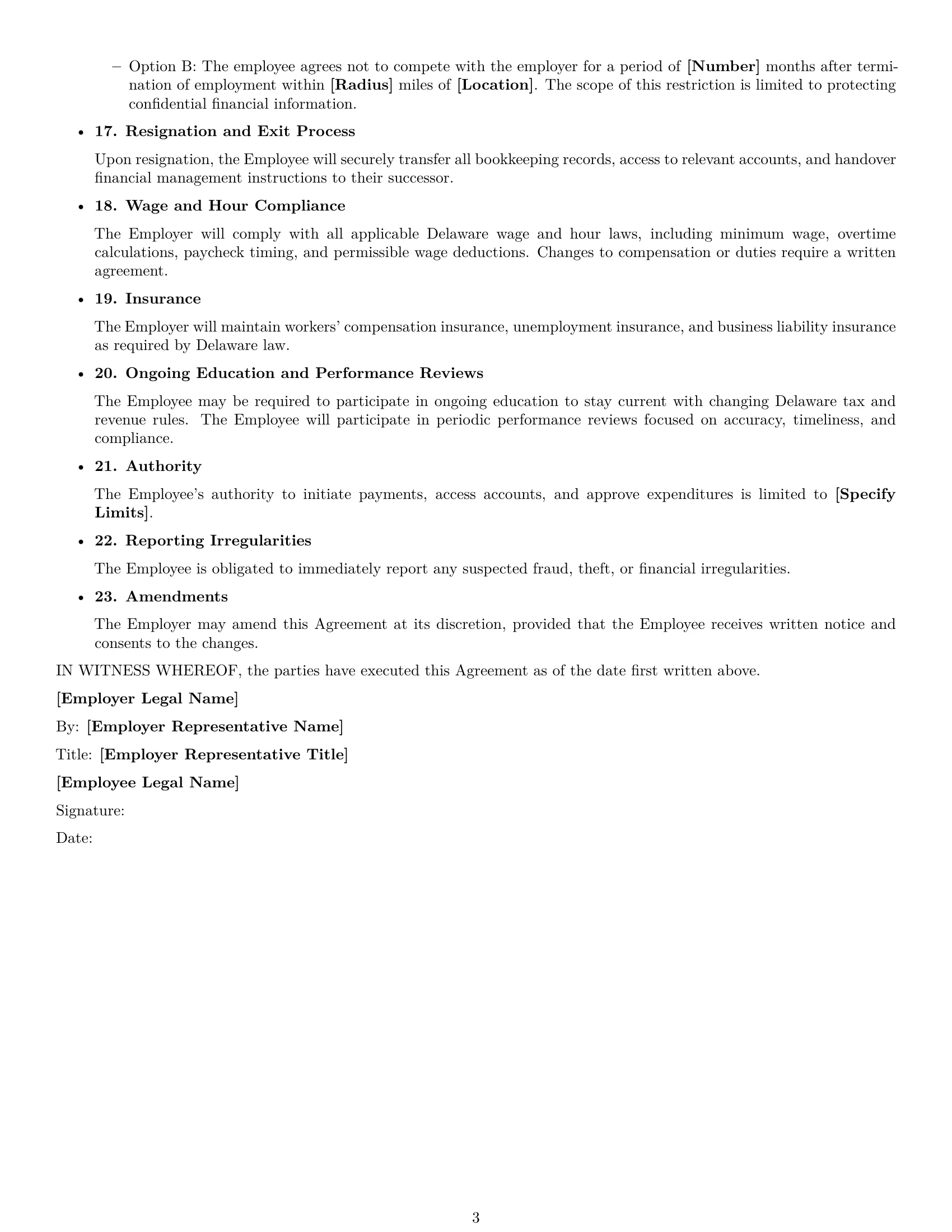 Preview page 3 of Free Delaware bookkeeper employment contract template
