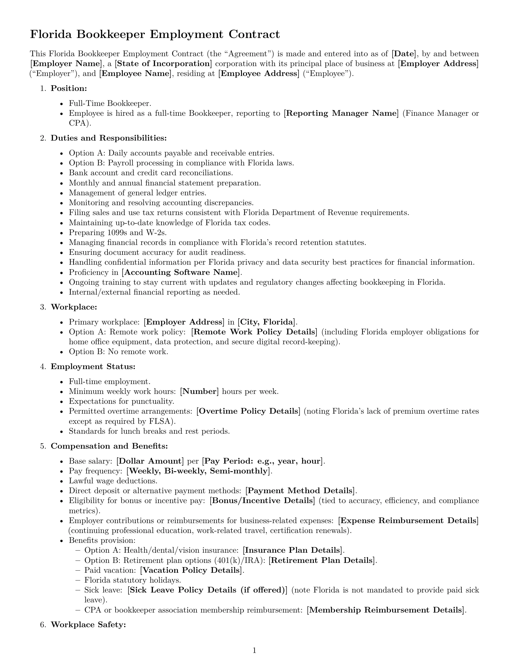 Preview page 1 of Free Florida bookkeeper employment contract template