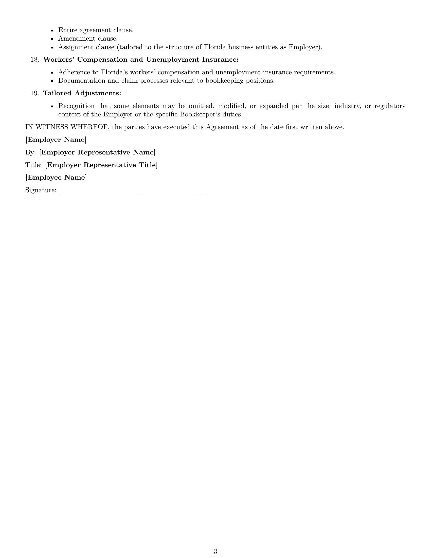 Preview page 3 of Free Florida bookkeeper employment contract template