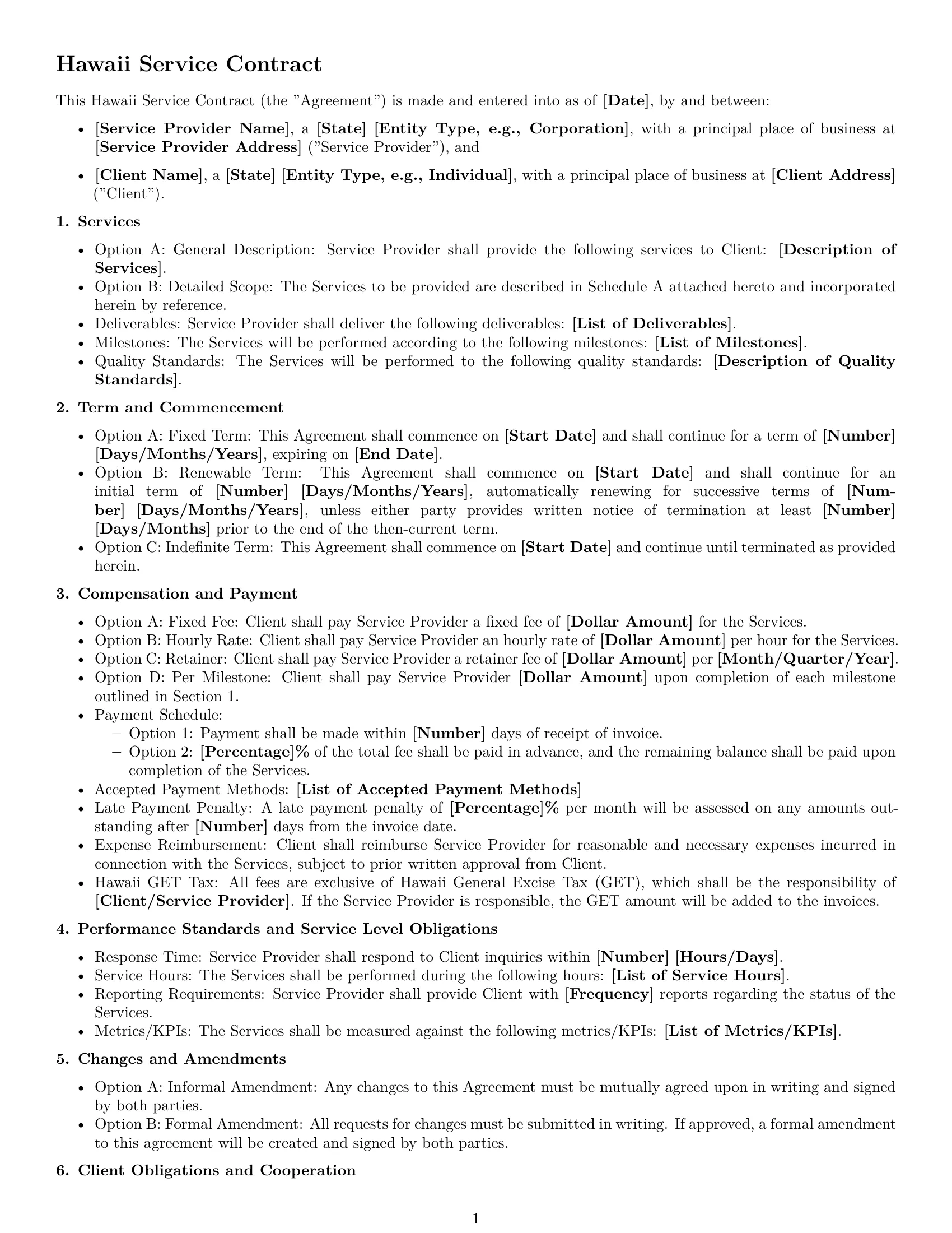 Preview page 1 of Free Hawaii service contract template