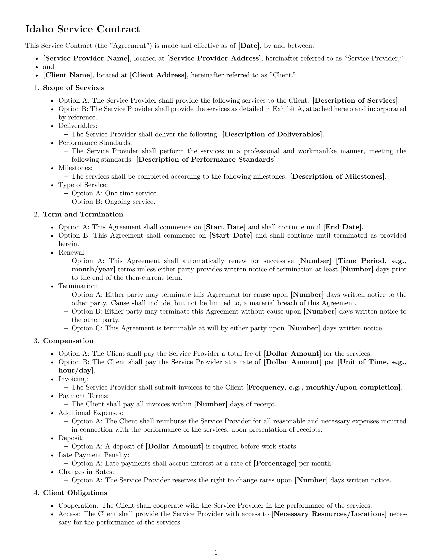 Preview page 1 of Free Idaho service contract template