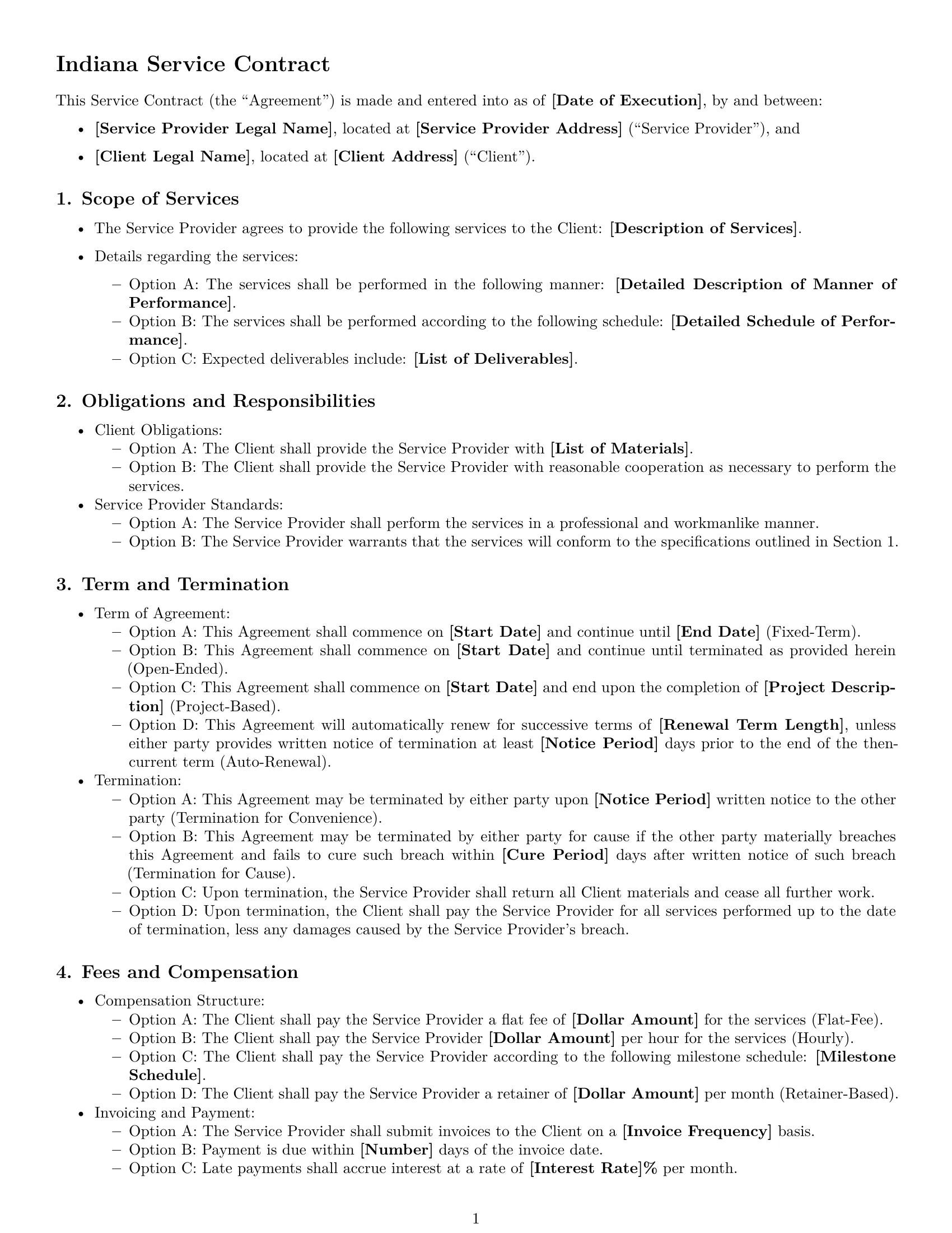 Preview page 1 of Free Indiana service contract template
