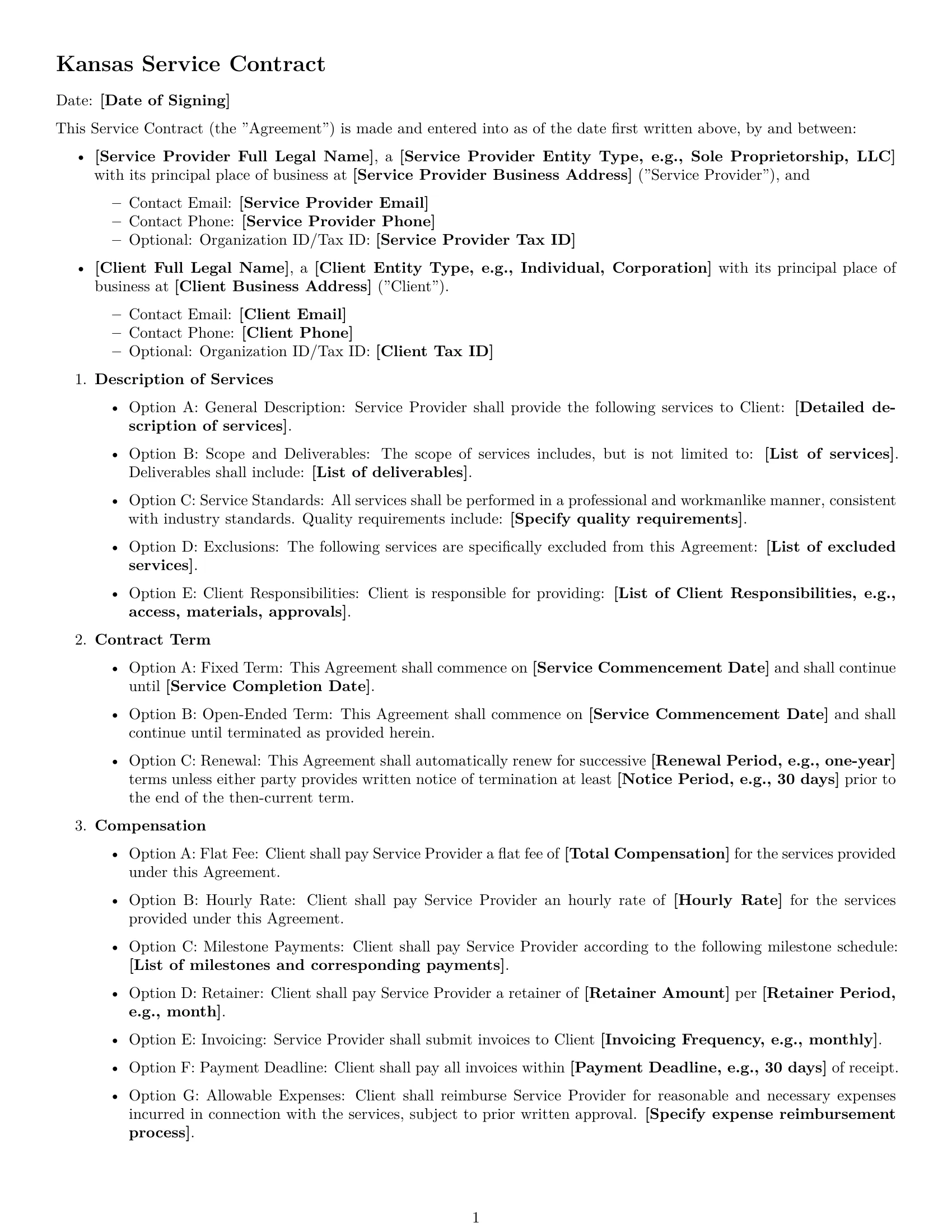 Preview page 1 of Free Kansas service contract template