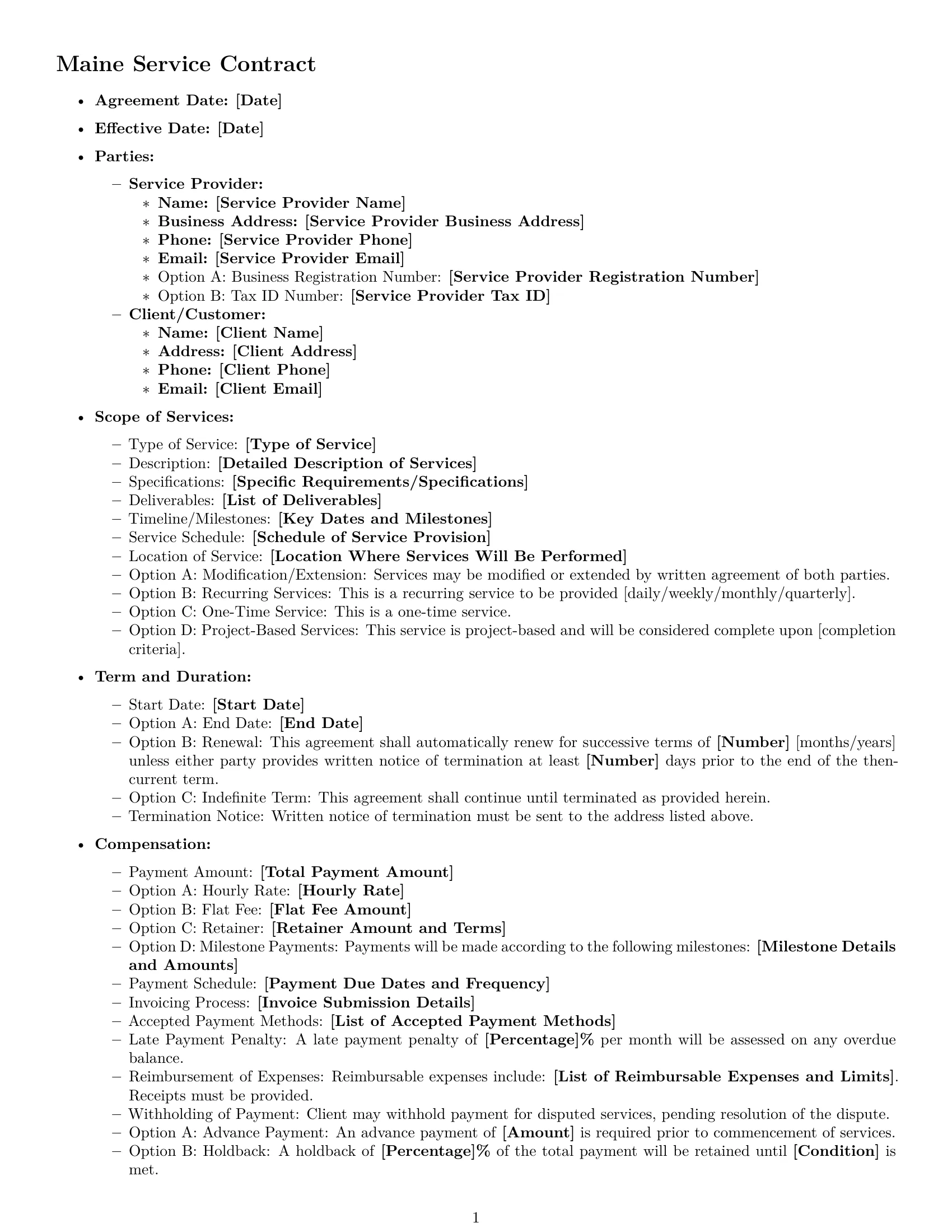 Preview page 1 of Free Maine service contract template