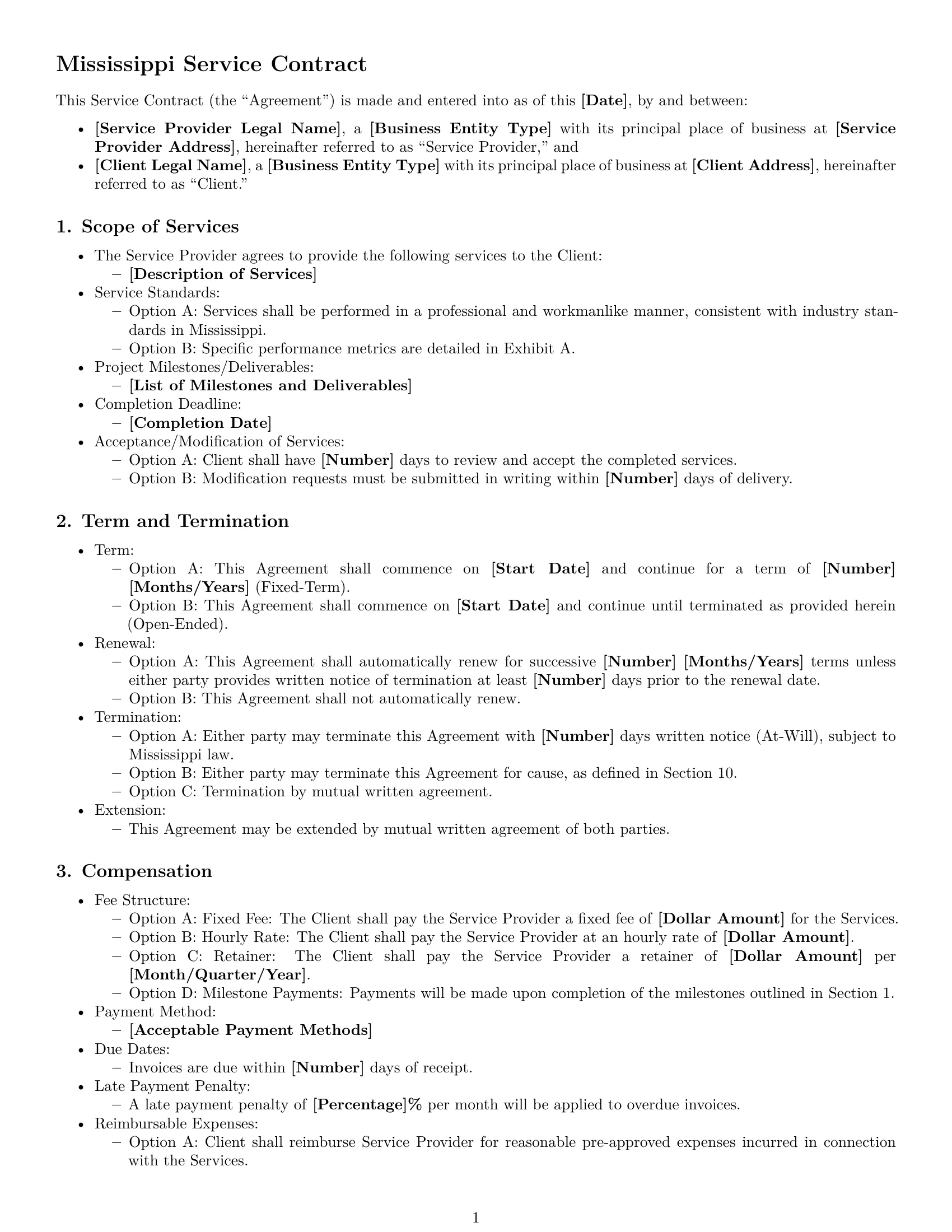 Preview page 1 of Free Mississippi service contract template