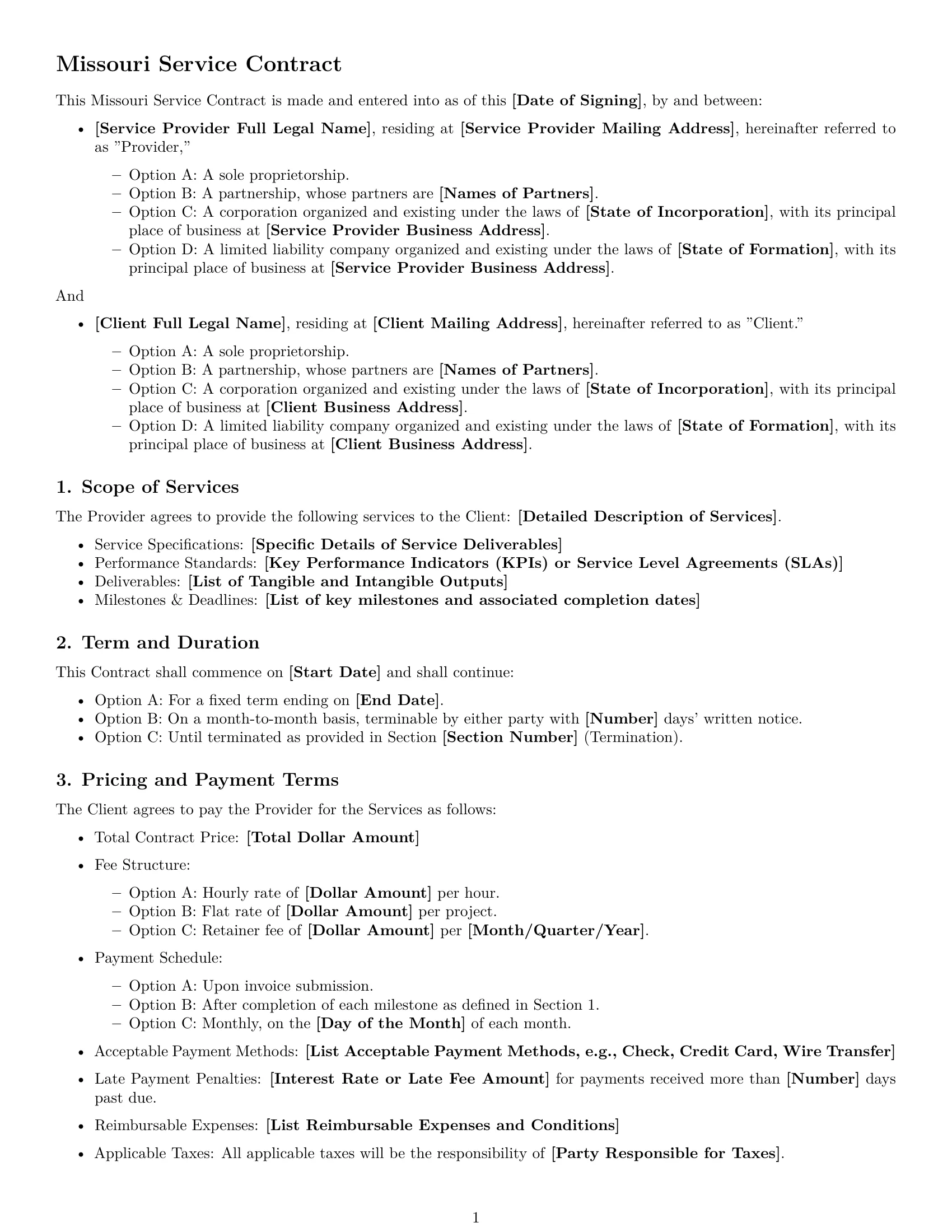 Preview page 1 of Free Missouri service contract template