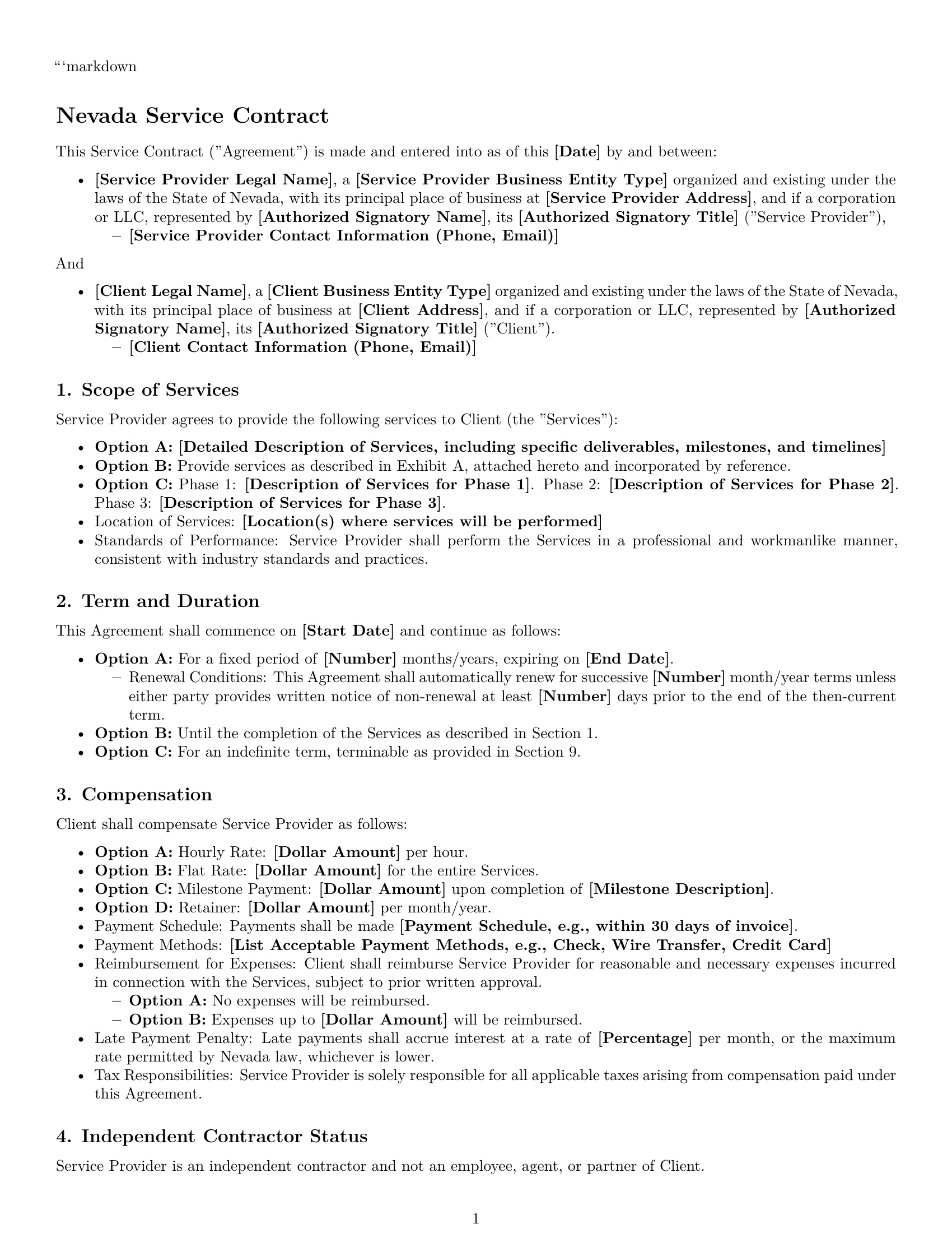 Preview page 1 of Free Nevada service contract template