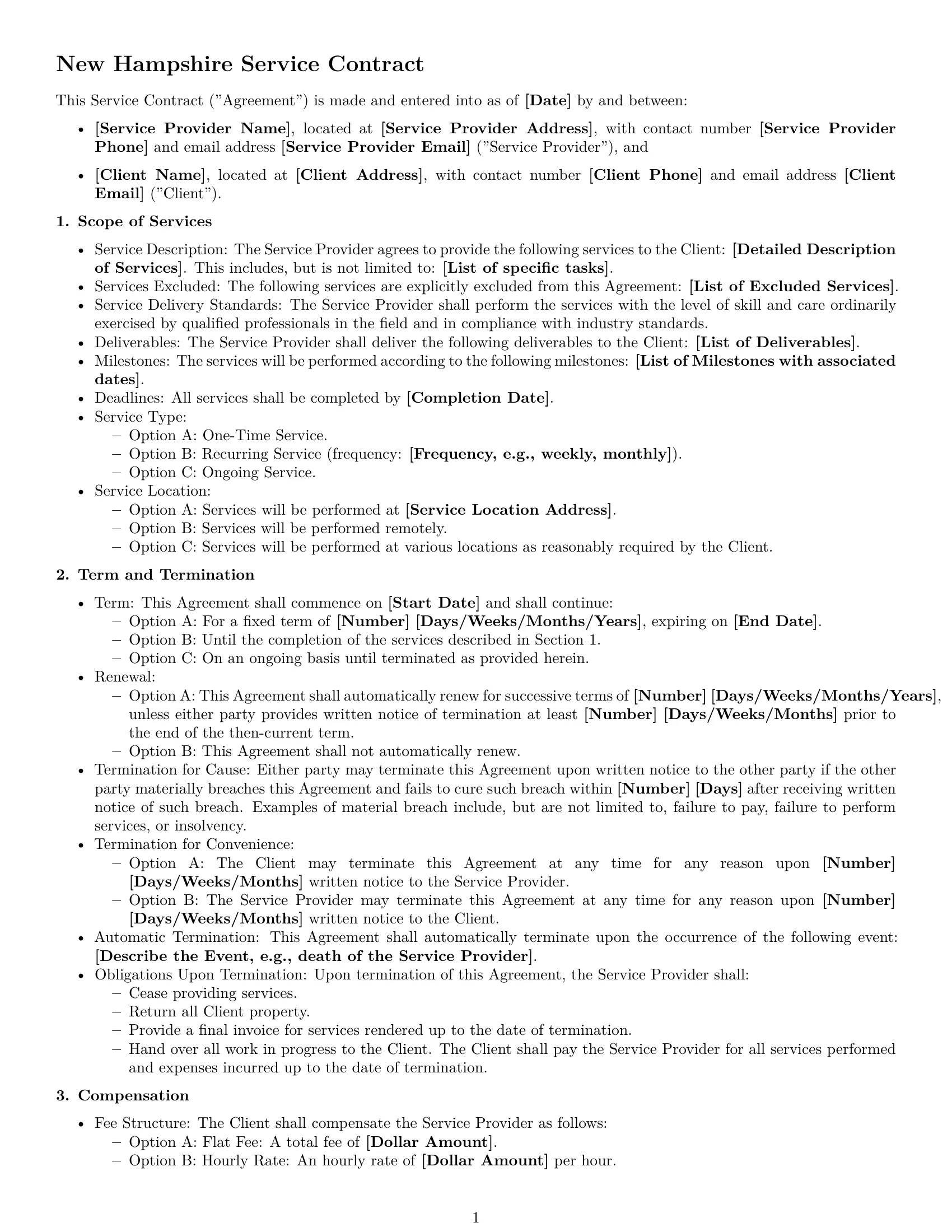 Preview page 1 of Free New Hampshire service contract template