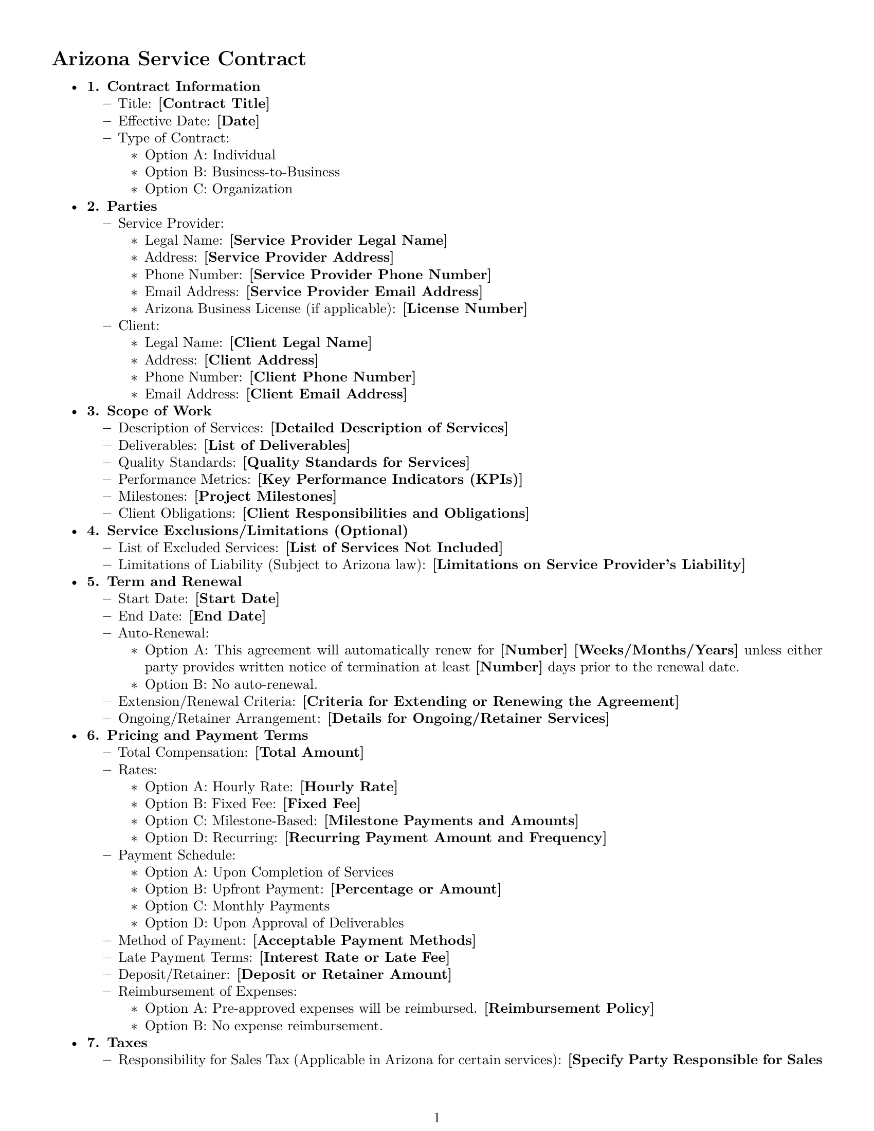 Preview page 1 of Free Arizona service contract template
