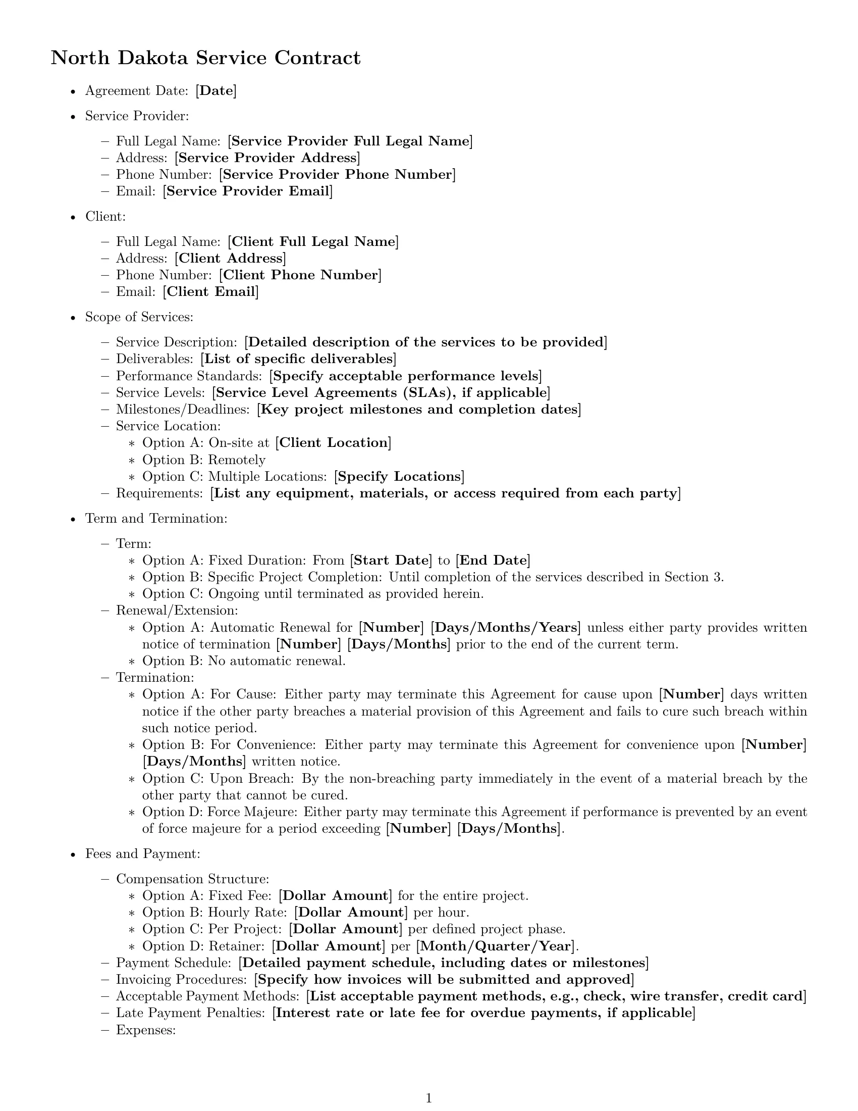 Preview page 1 of Free North Dakota service contract template