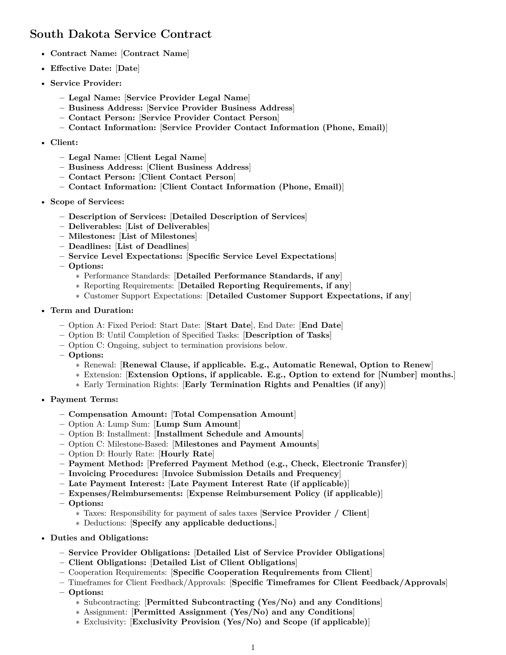 Preview page 1 of Free South Dakota service contract template