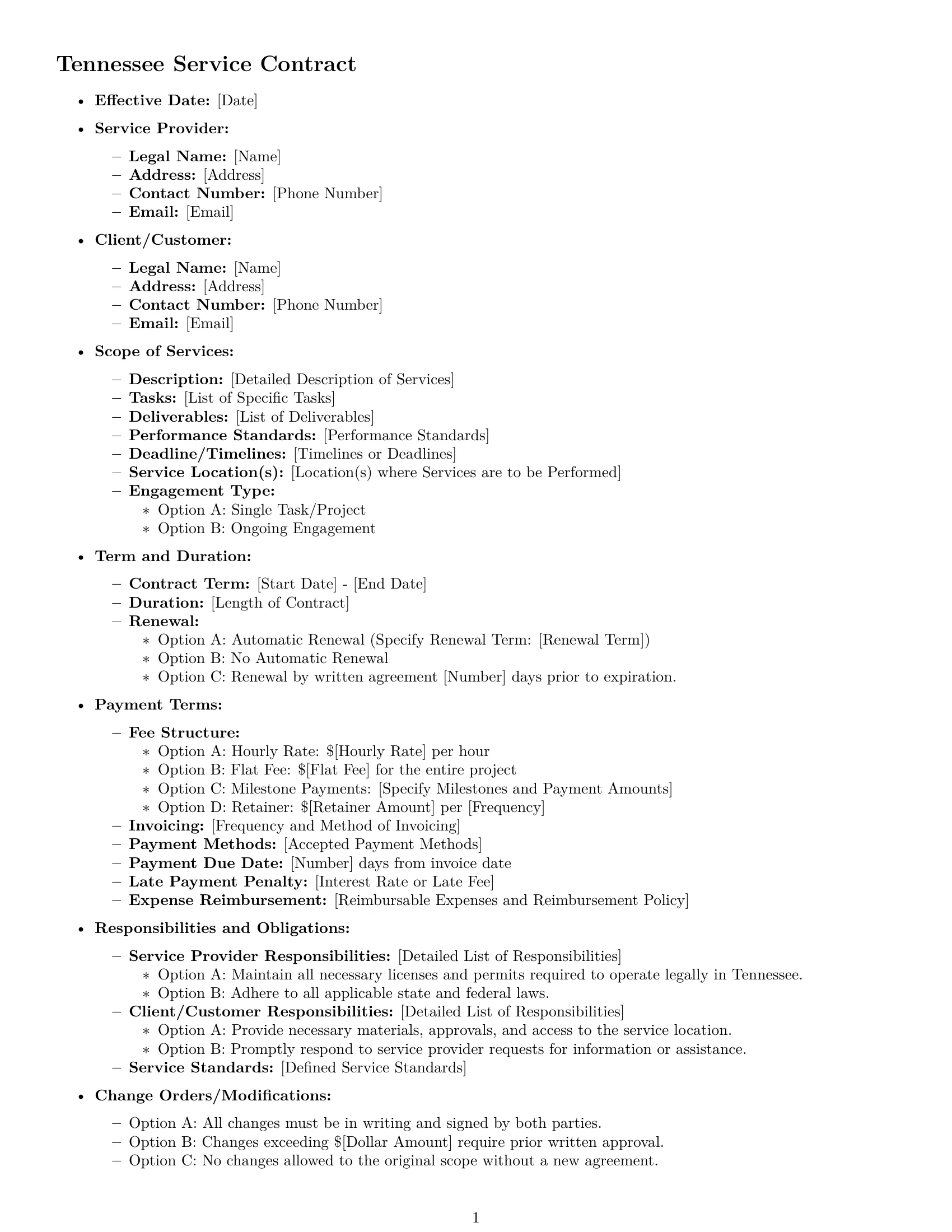 Preview page 1 of Free Tennessee service contract template