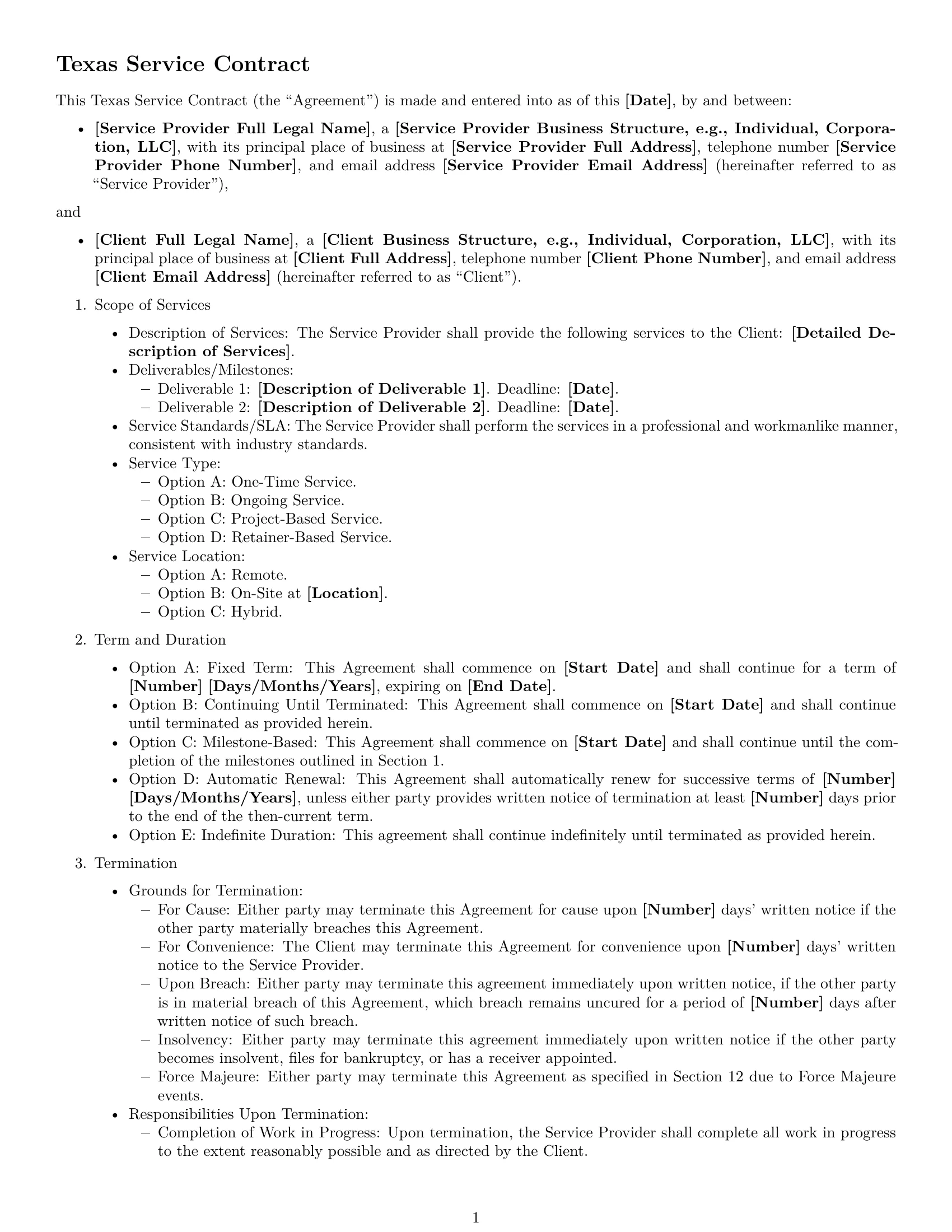 Preview page 1 of Free Texas service contract template