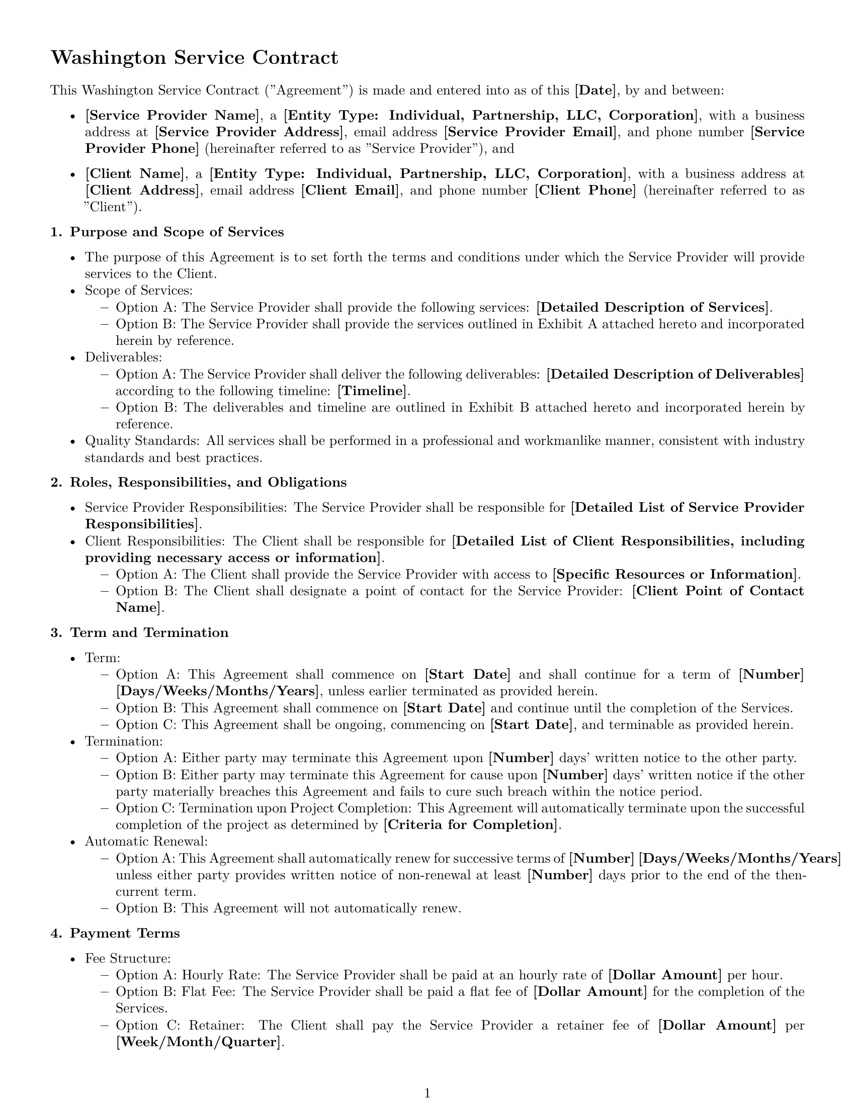 Preview page 1 of Free Washington service contract template
