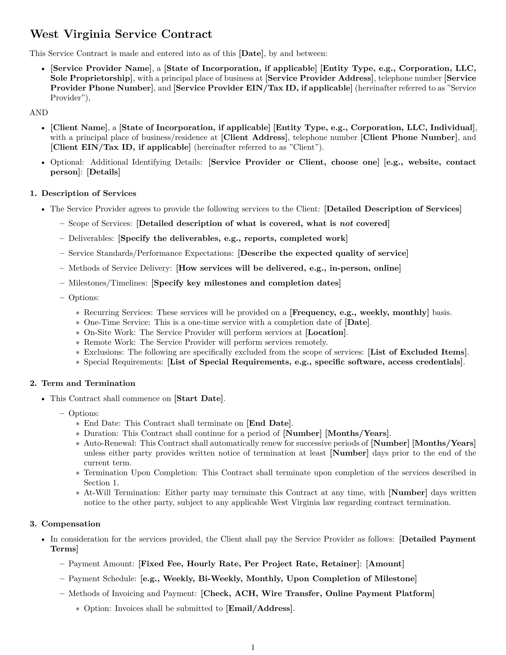 Preview page 1 of Free West Virginia service contract template