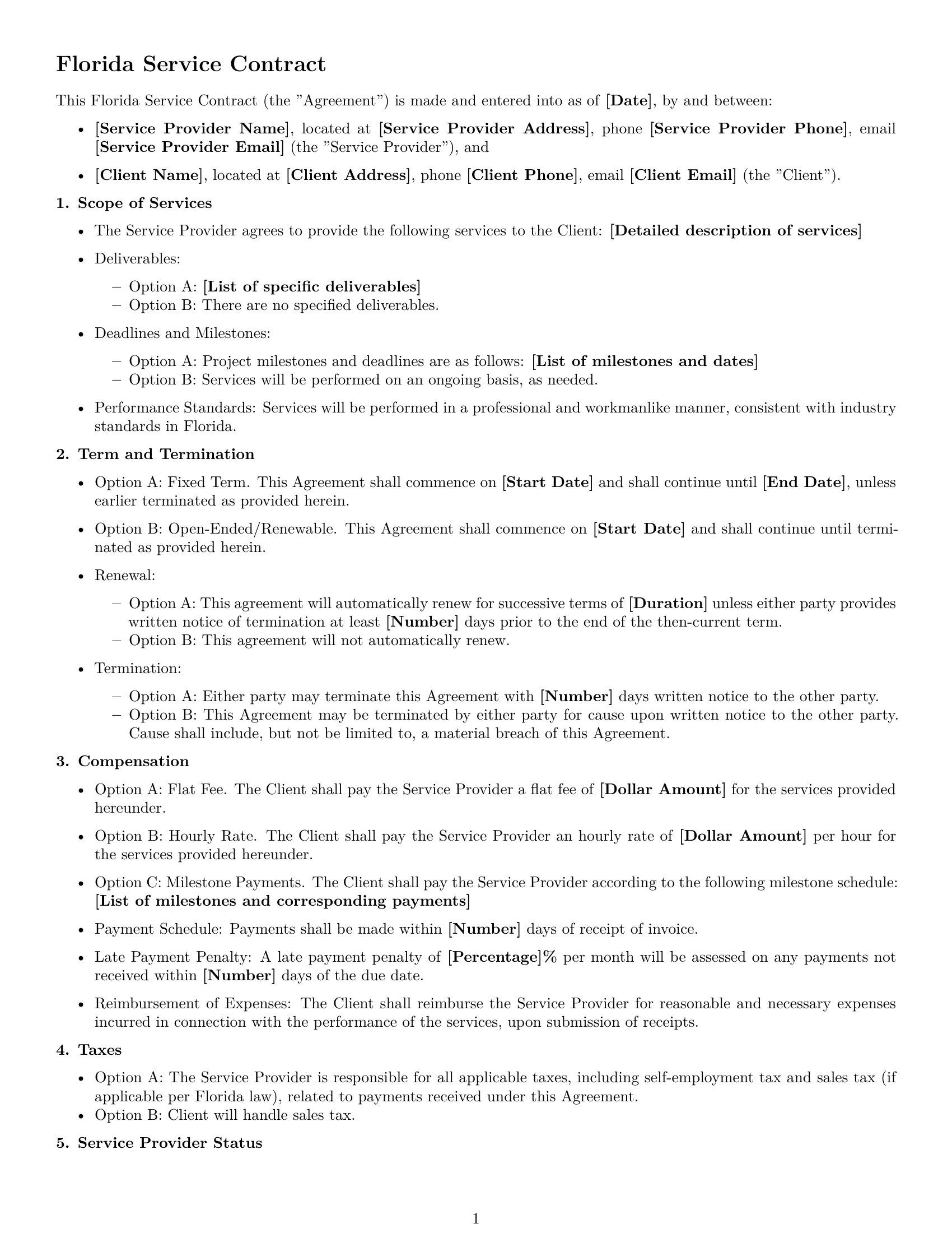 Preview page 1 of Free Florida service contract template