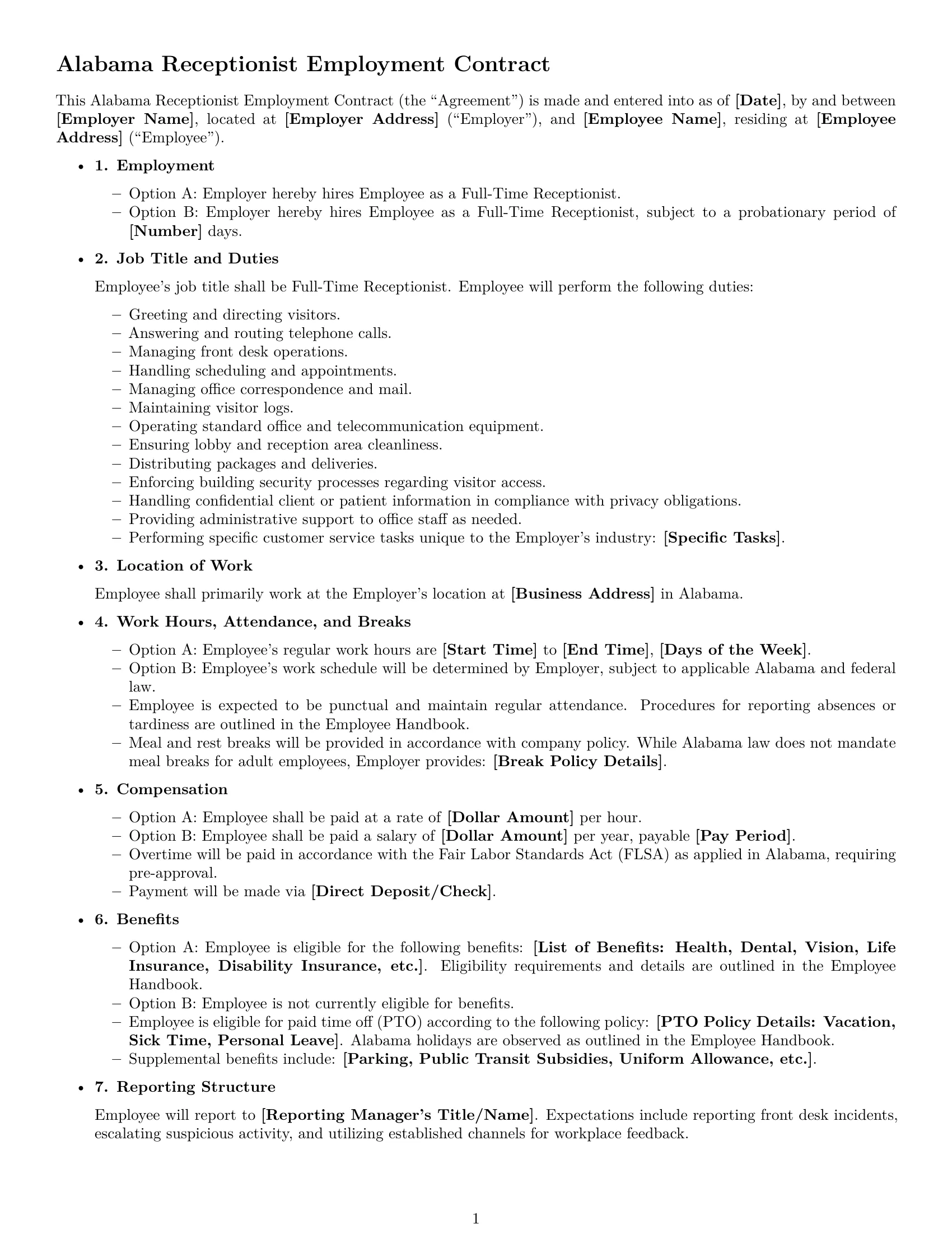 Preview page 1 of Free Alabama receptionist employment contract template