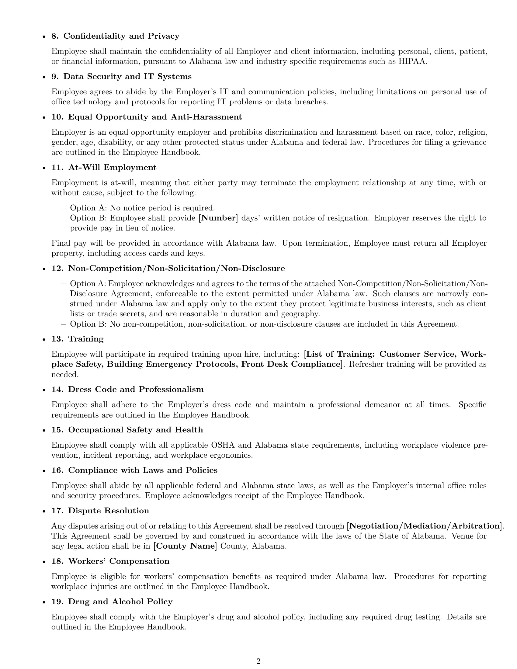 Preview page 2 of Free Alabama receptionist employment contract template