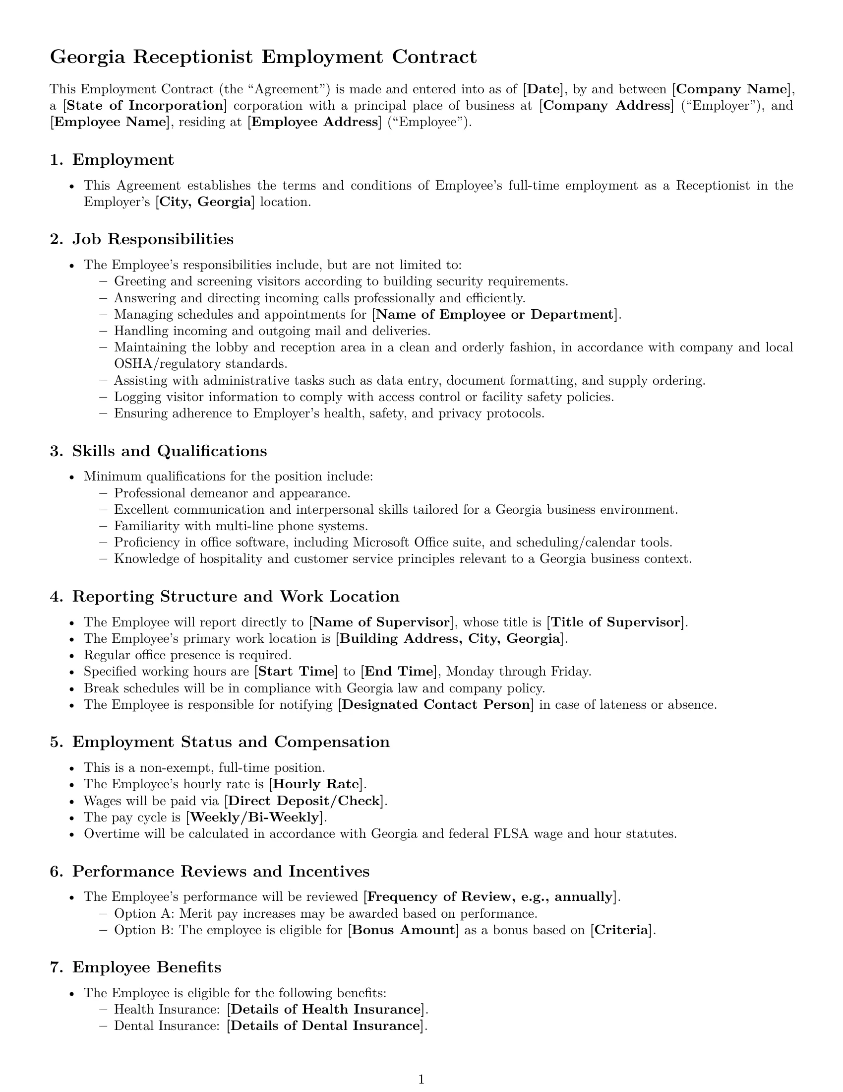 Preview page 1 of Free Georgia receptionist employment contract template