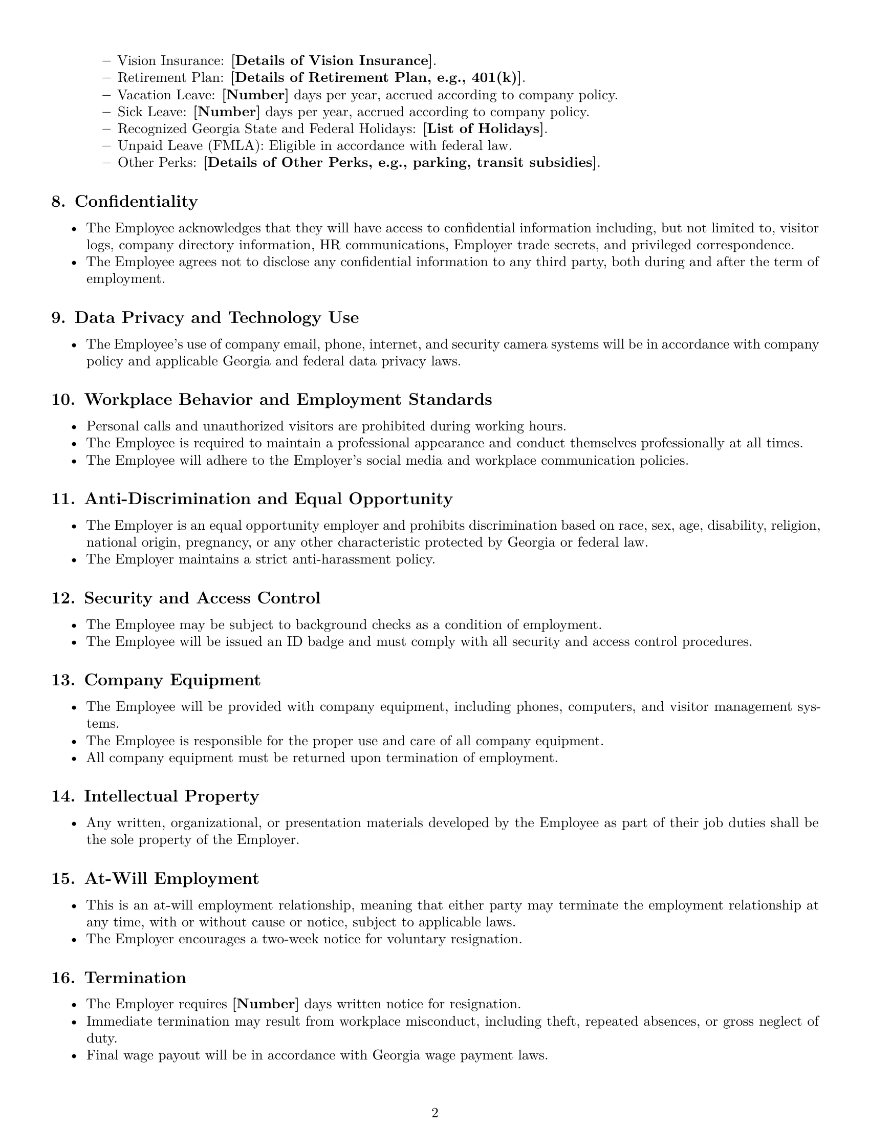 Preview page 2 of Free Georgia receptionist employment contract template