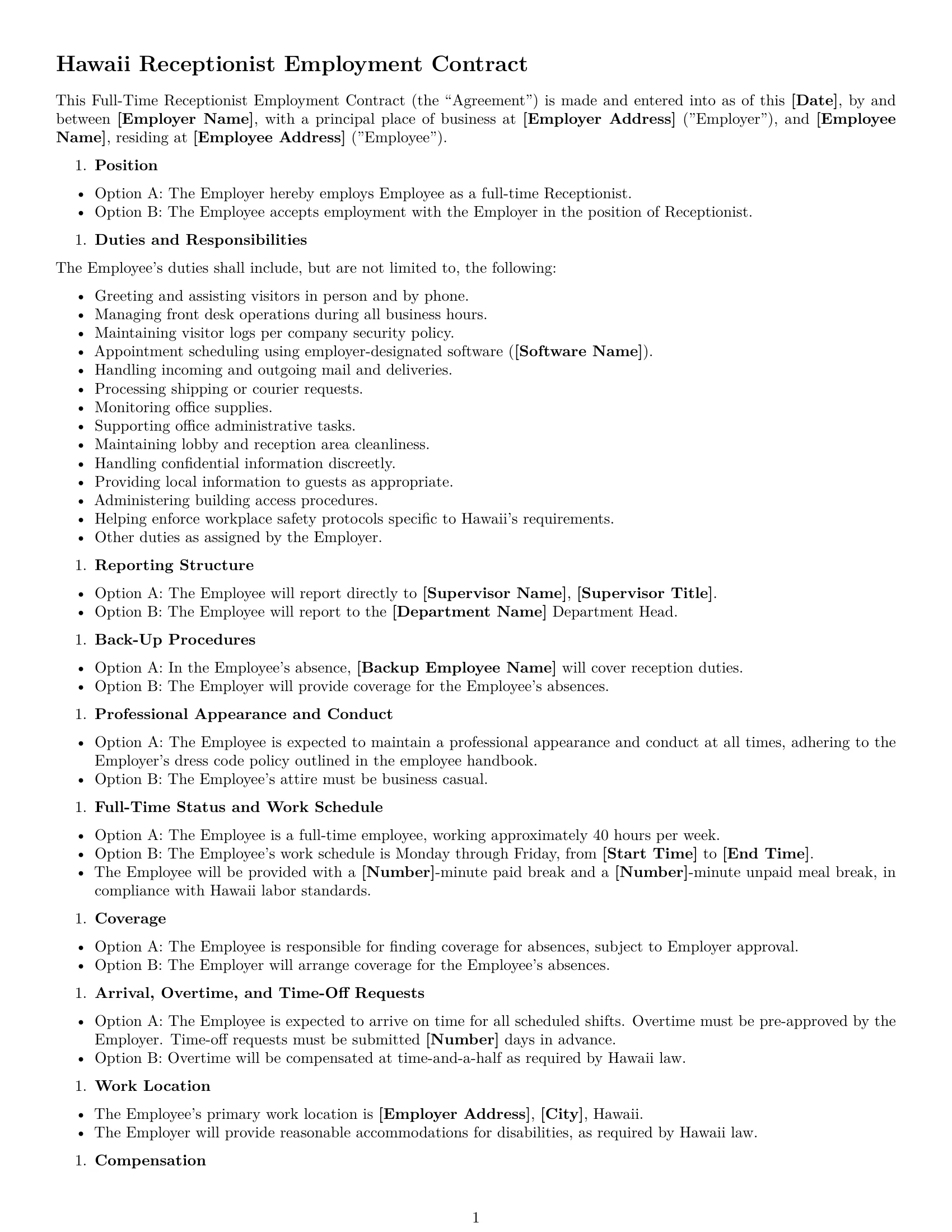 Preview page 1 of Free Hawaii receptionist employment contract template