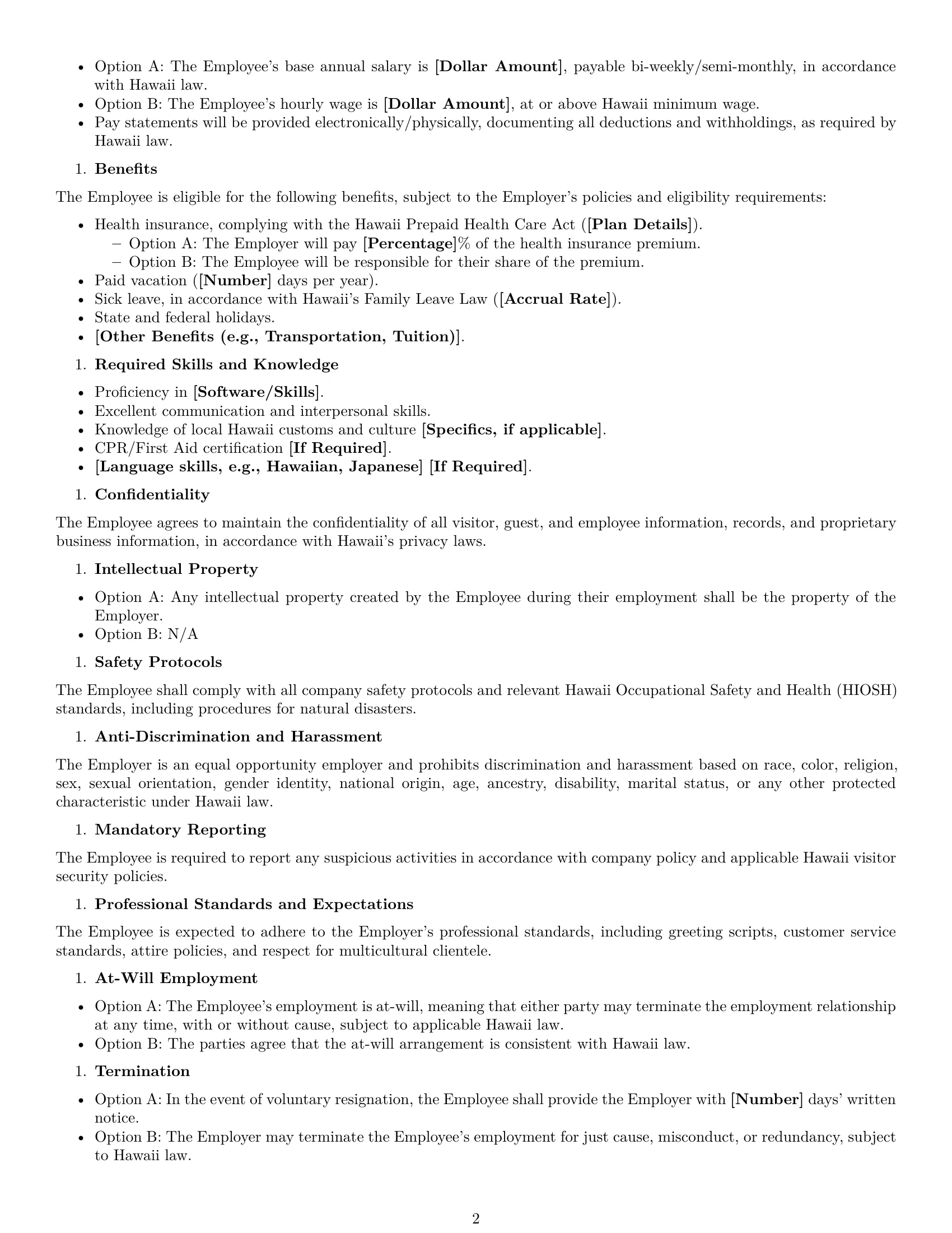 Preview page 2 of Free Hawaii receptionist employment contract template