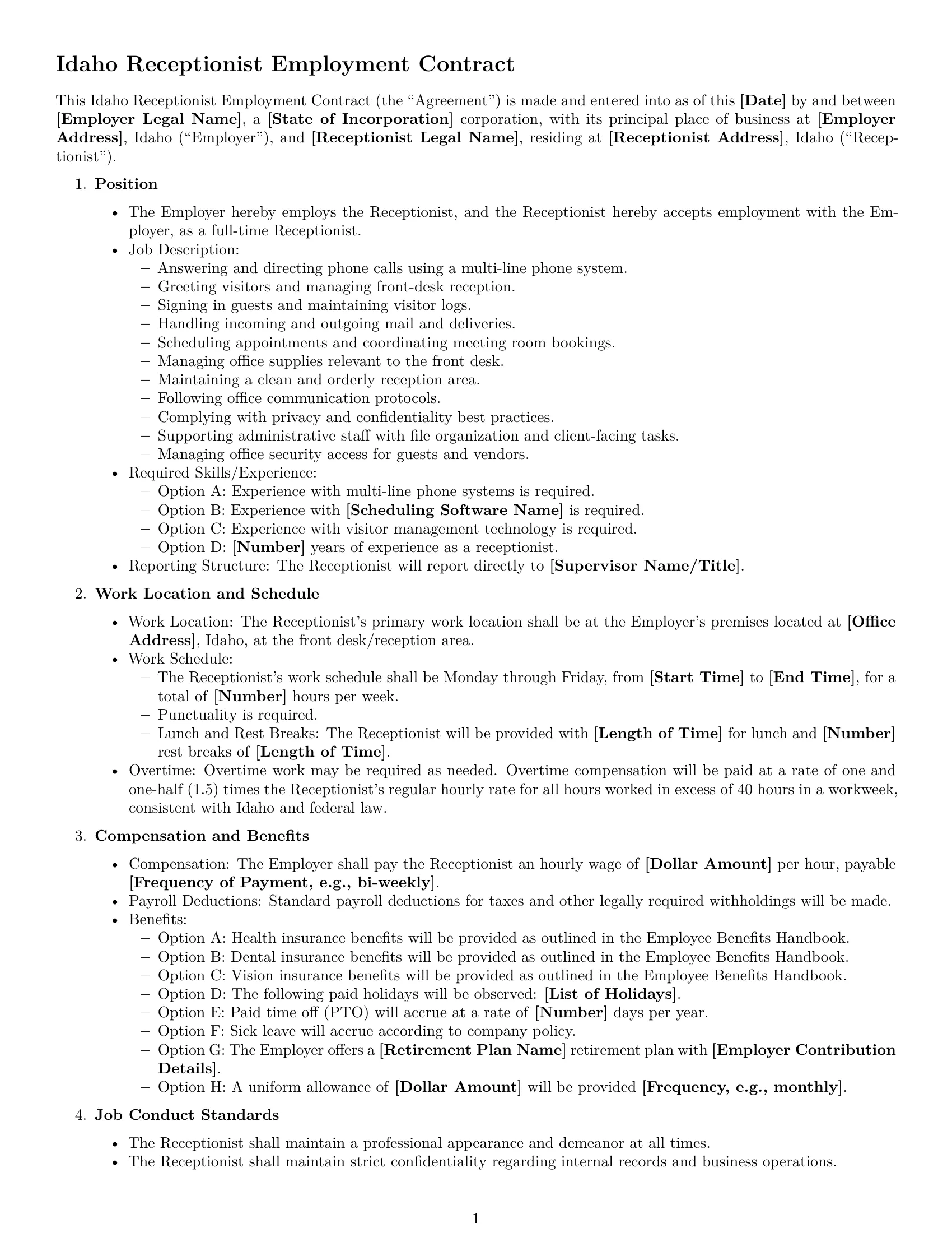 Preview page 1 of Free Idaho receptionist employment contract template