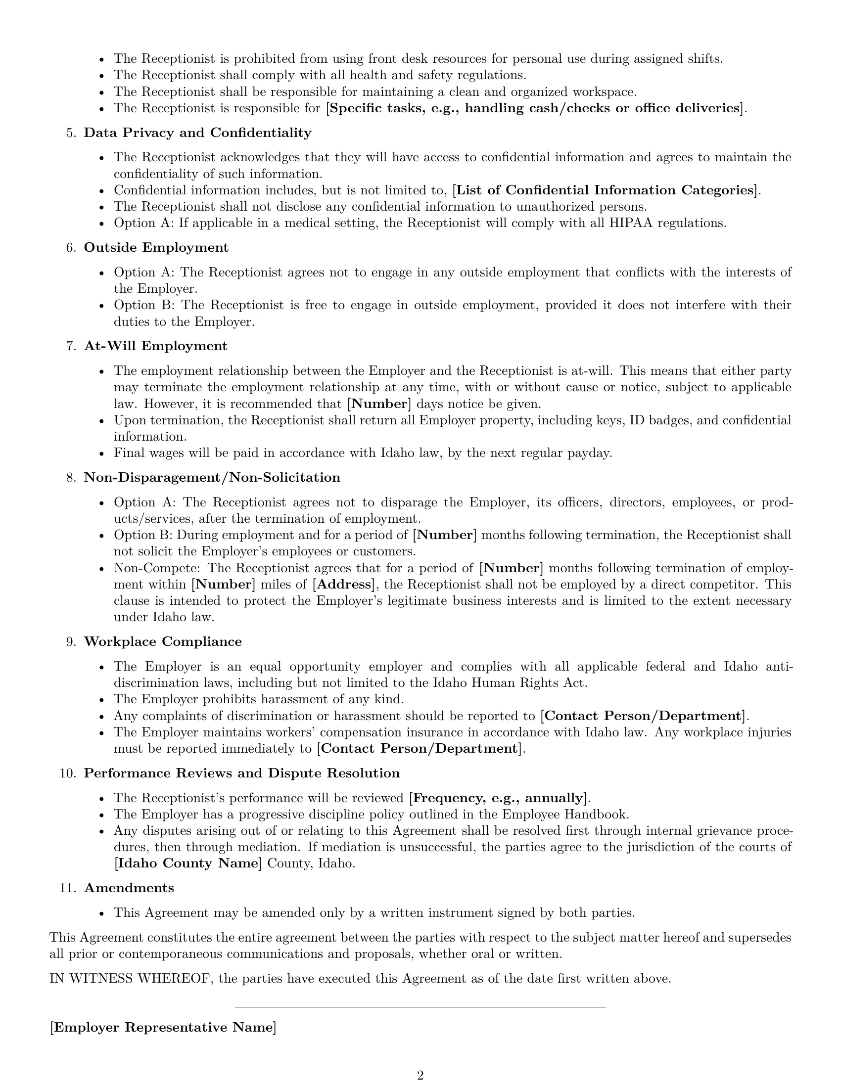 Preview page 2 of Free Idaho receptionist employment contract template