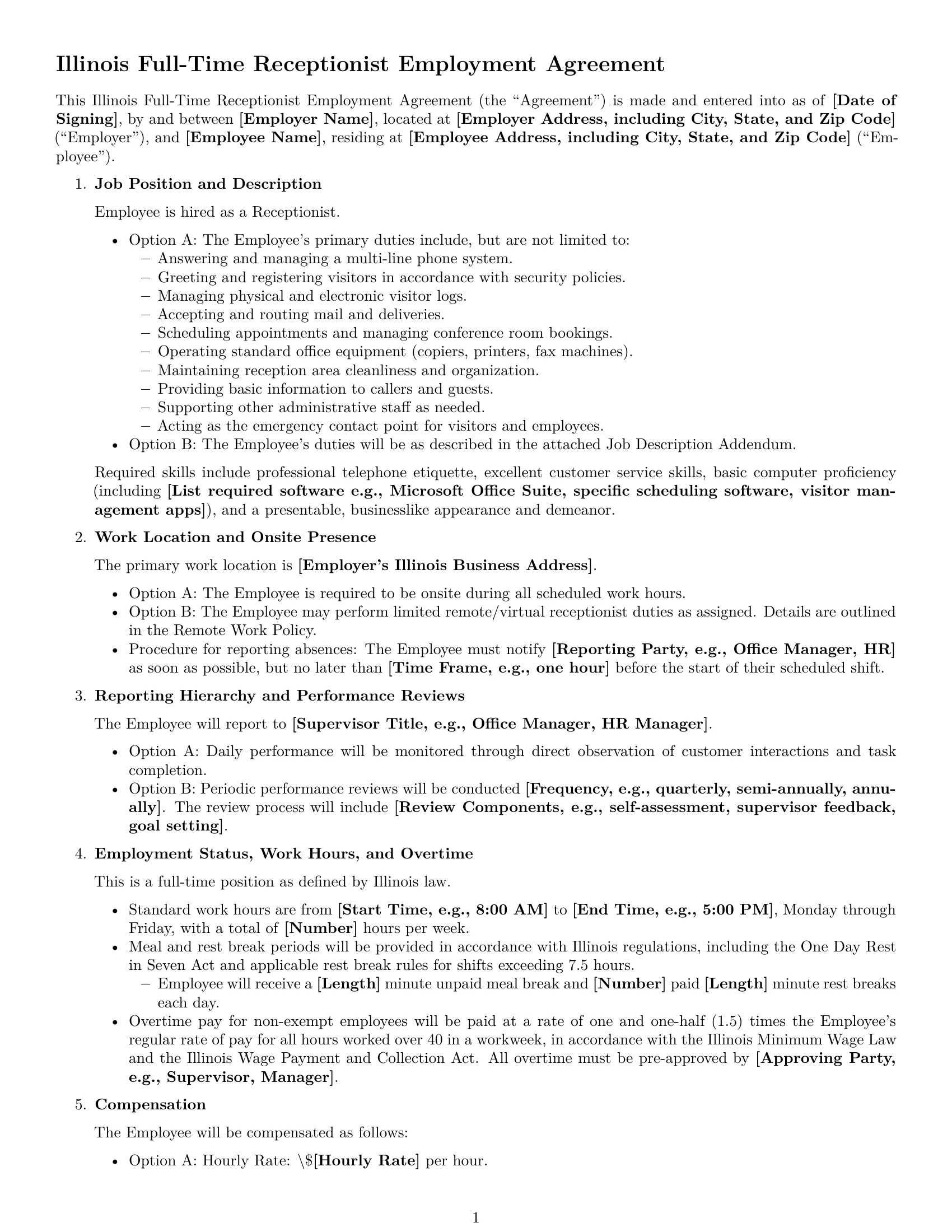 Preview page 1 of Free Illinois receptionist employment contract template