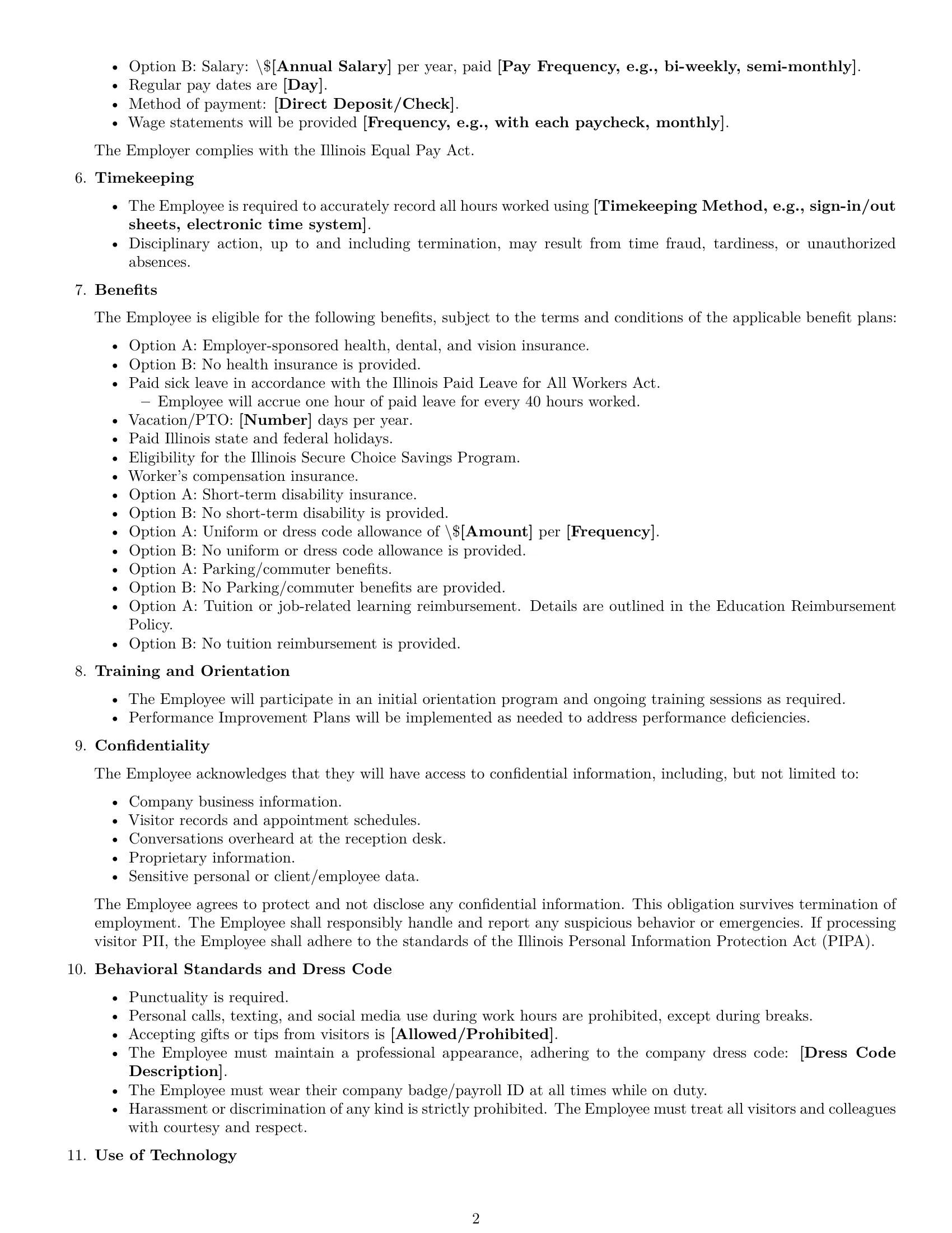 Preview page 2 of Free Illinois receptionist employment contract template