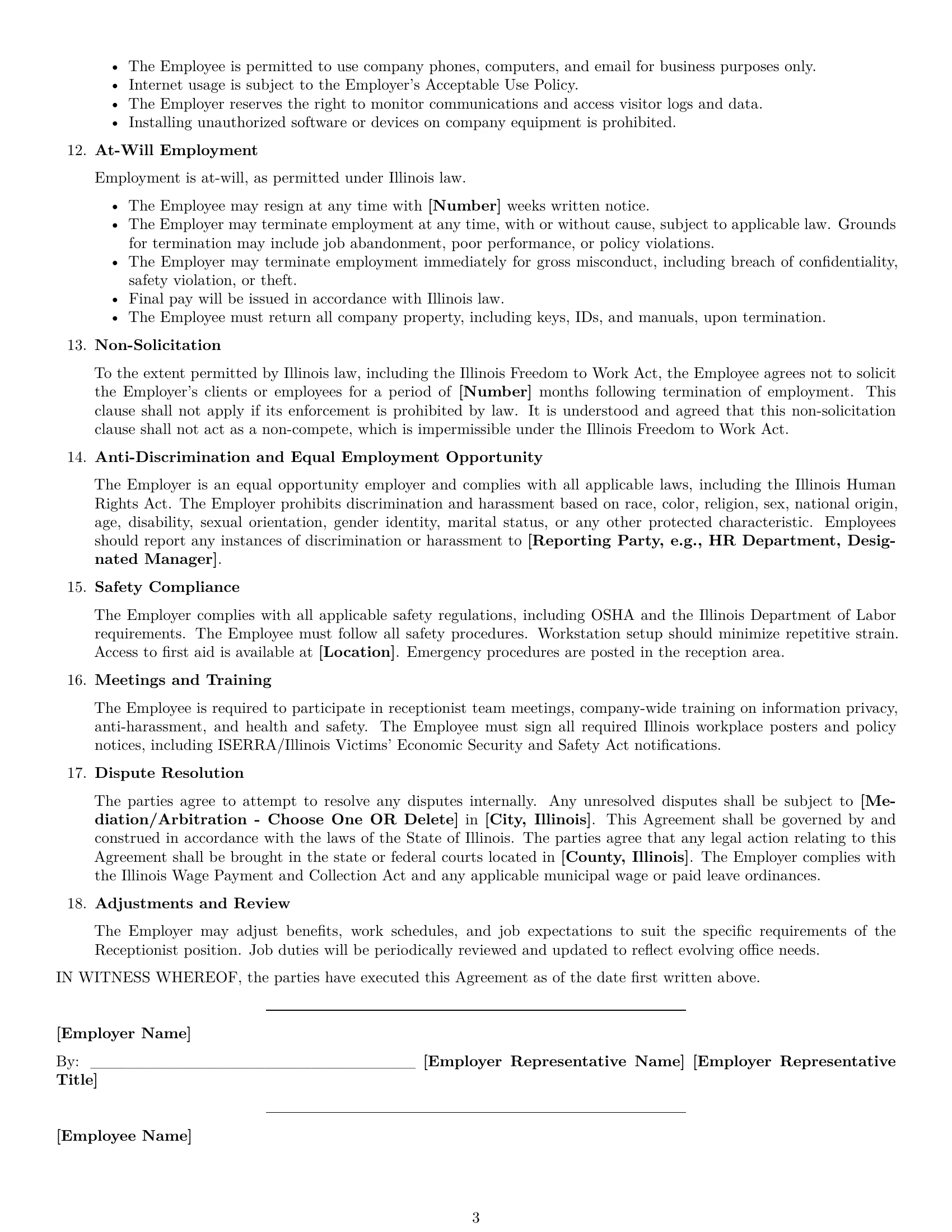 Preview page 3 of Free Illinois receptionist employment contract template