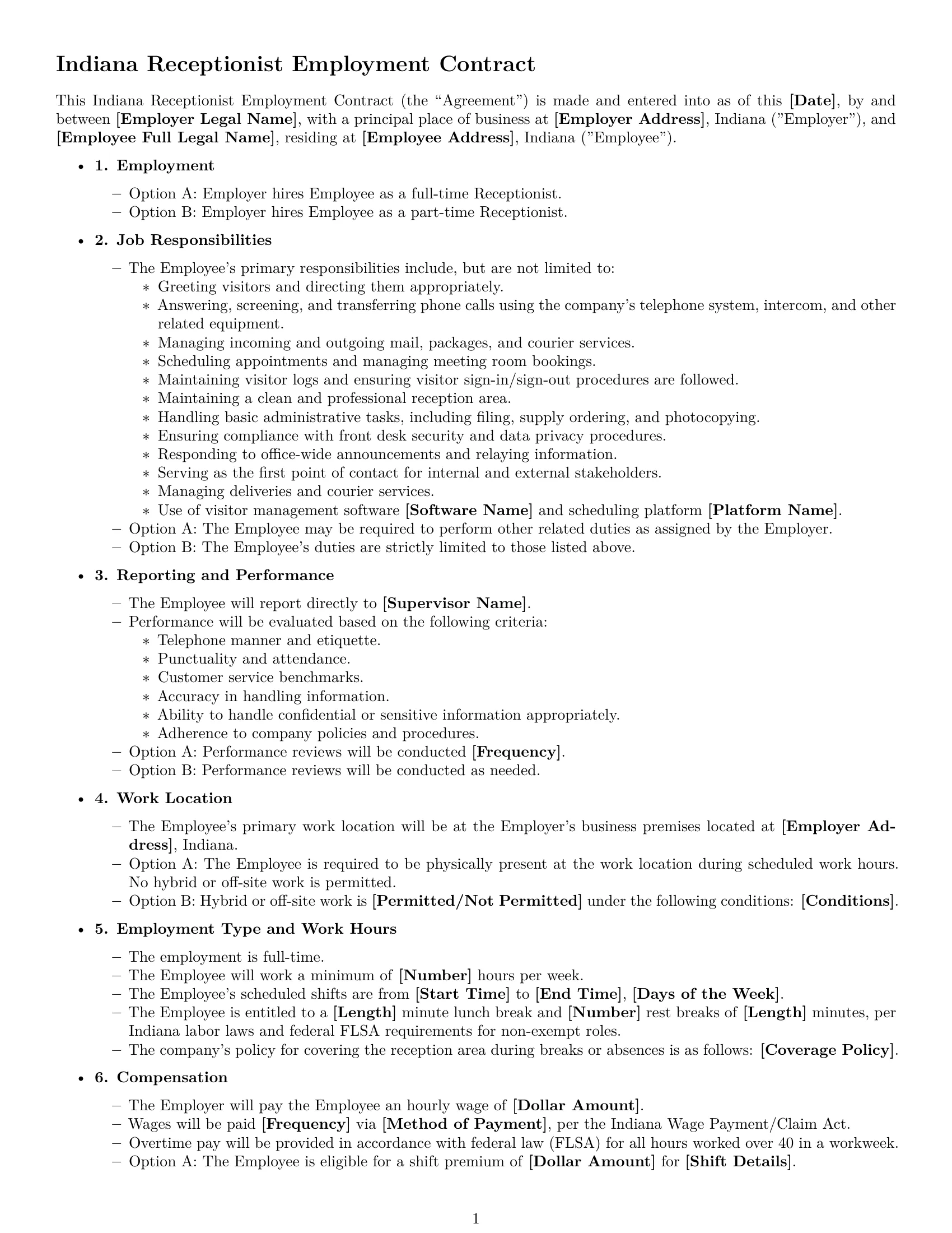 Preview page 1 of Free Indiana receptionist employment contract template