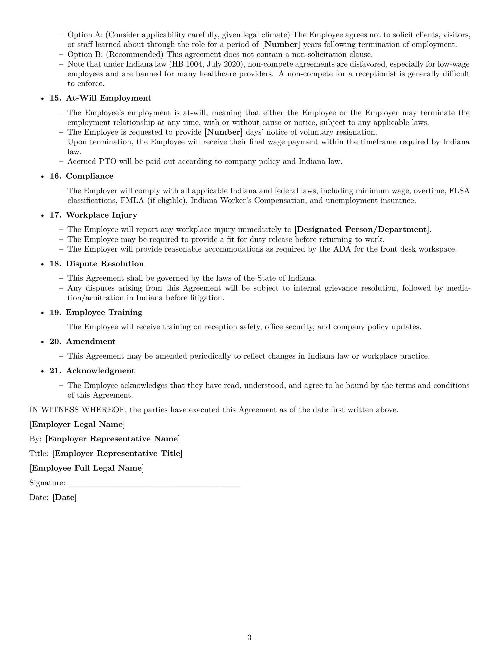 Preview page 3 of Free Indiana receptionist employment contract template