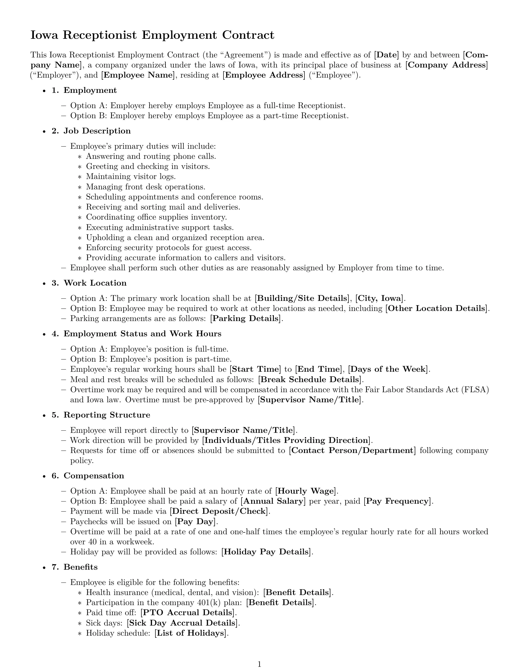 Preview page 1 of Free Iowa receptionist employment contract template