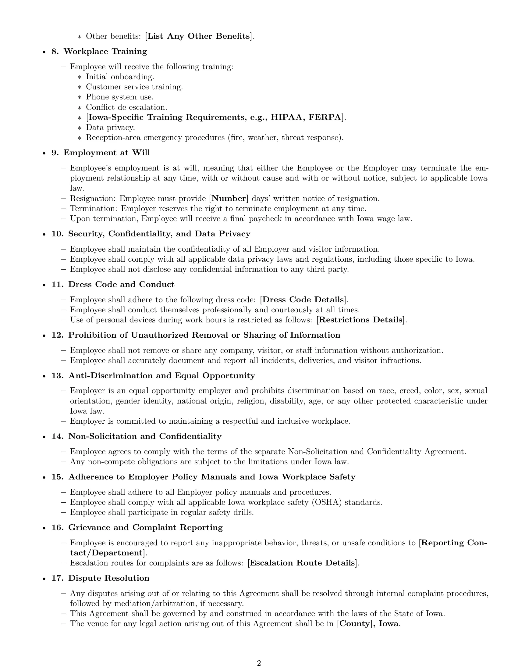 Preview page 2 of Free Iowa receptionist employment contract template